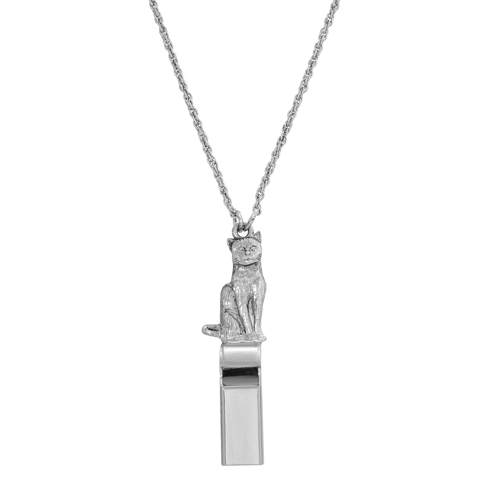 Silver Tone Cat Whistle Necklace 28 In.