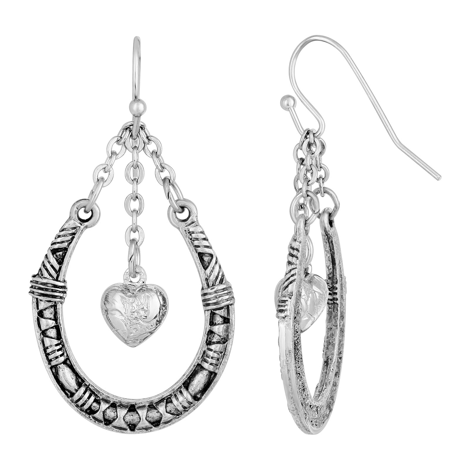 Pewter Horseshoe With Hanging Heart Earring