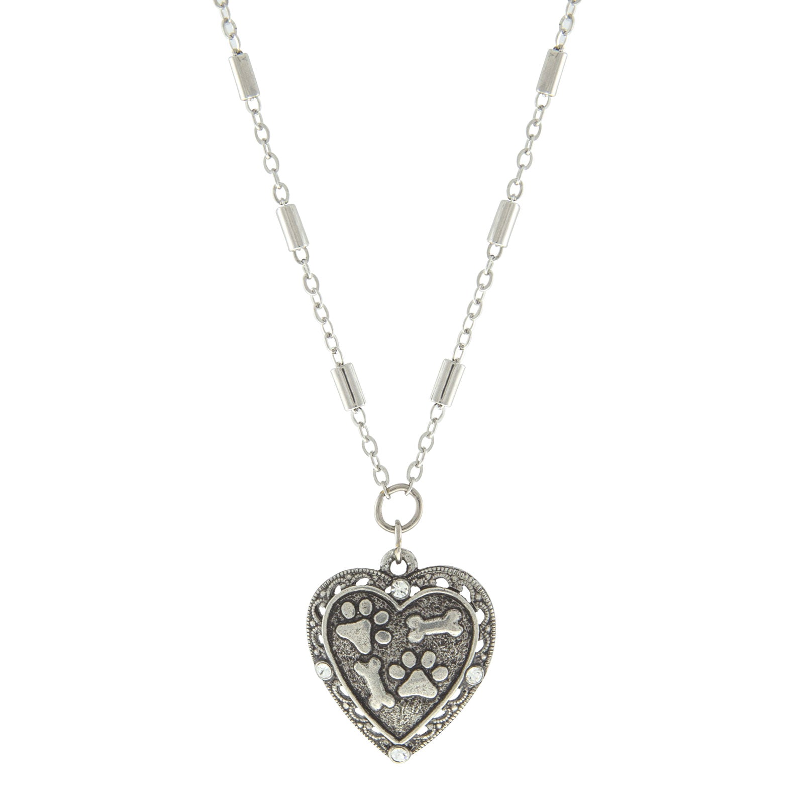 Silver Tone Heart Paw And Bones Necklace 16 Adj