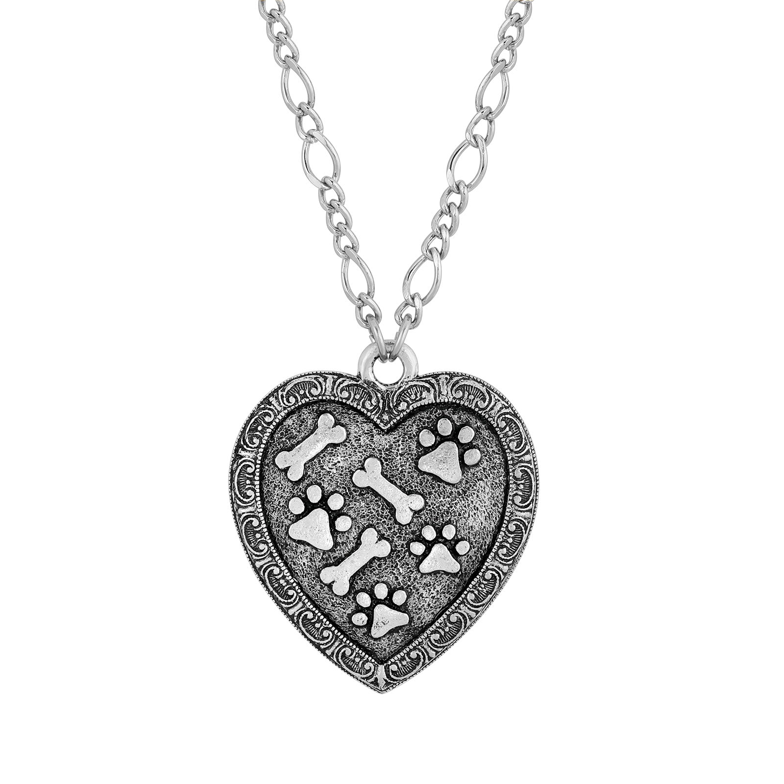 Pewter Heart Paw And Bones Necklace 28 Inchs