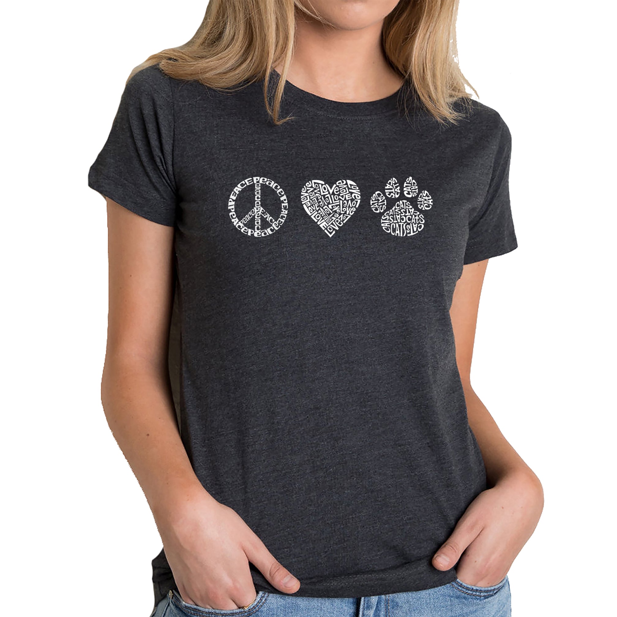 Peace Love Cats - Women's Premium Blend Word Art T-Shirt - Turquoise - Small