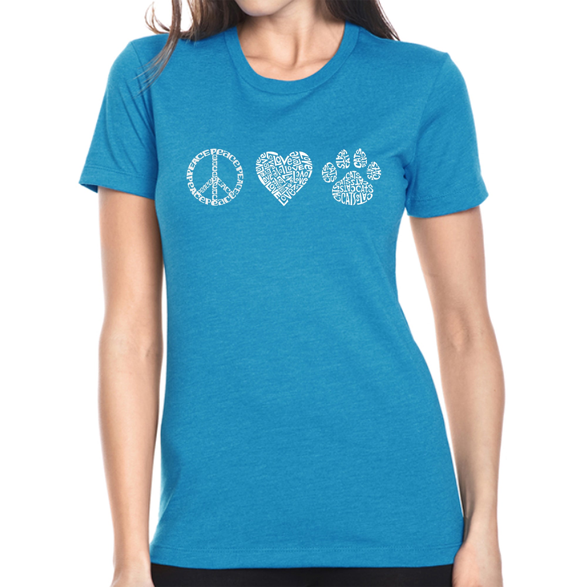 Peace Love Cats - Women's Premium Blend Word Art T-Shirt - Turquoise - Small