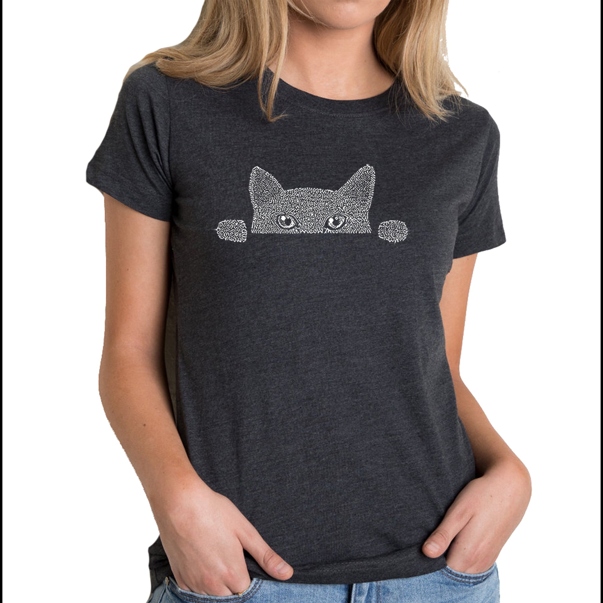 Peeking Cat - Women's Premium Blend Word Art T-Shirt - Black - Large