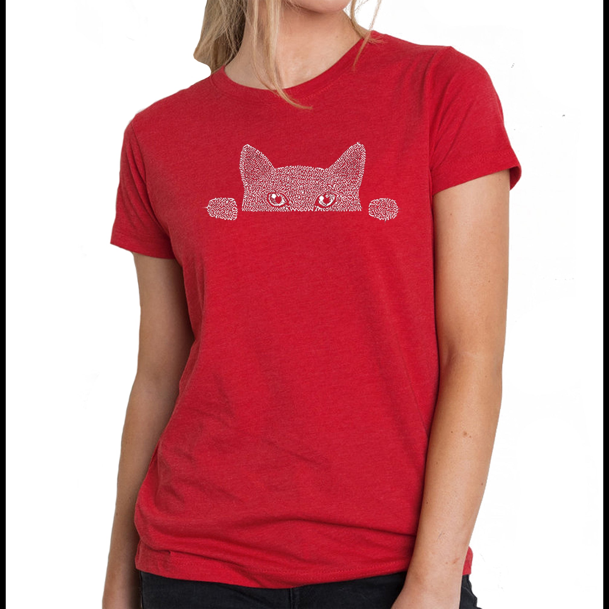 Peeking Cat - Women's Premium Blend Word Art T-Shirt - Red - Small