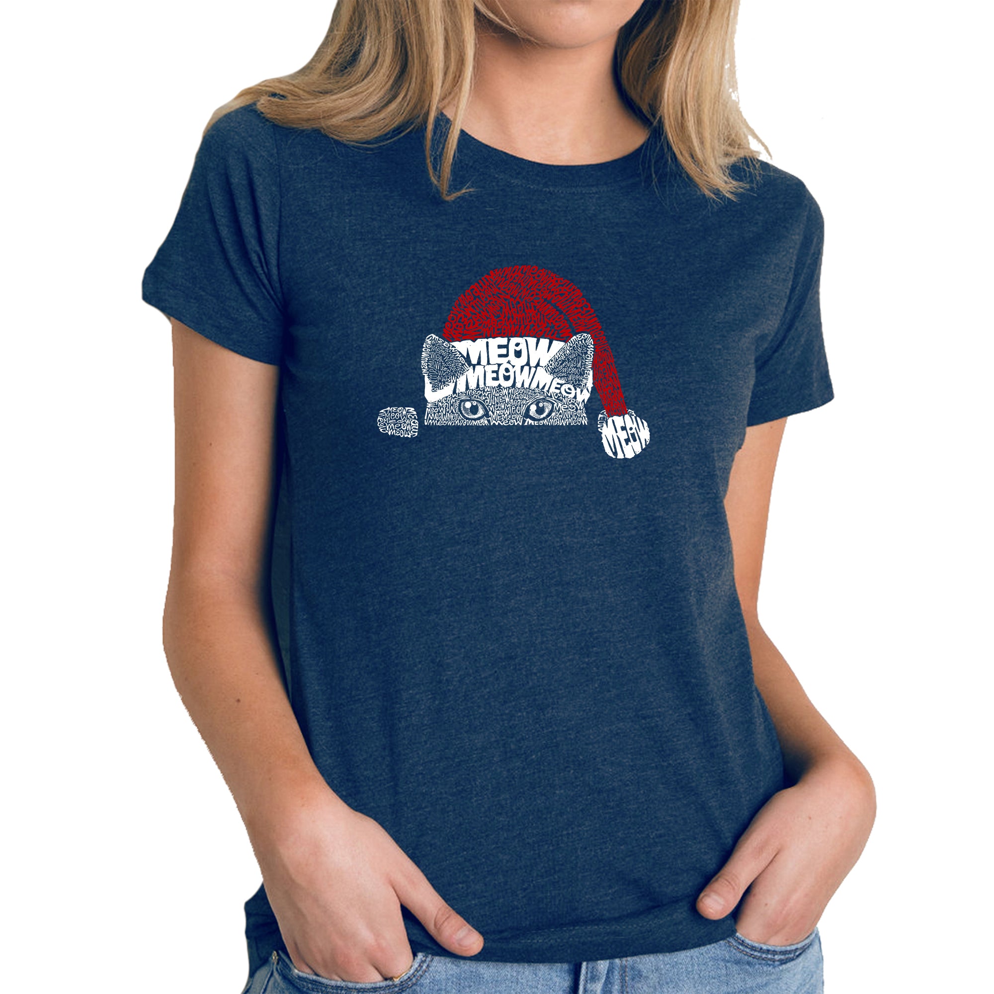 Christmas Peeking Cat - Women's Premium Blend Word Art T-Shirt - Red - Medium