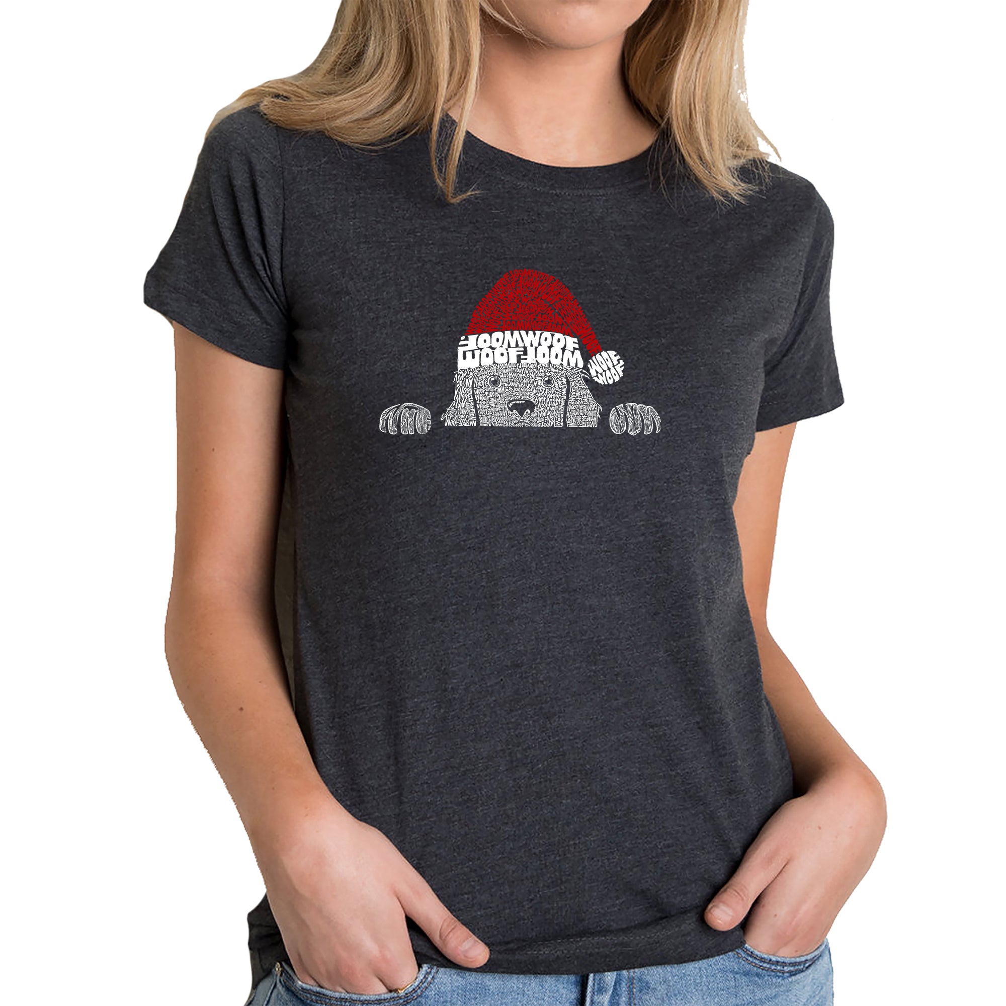 Christmas Peeking Dog - Women's Premium Blend Word Art T-Shirt - Navy - Medium
