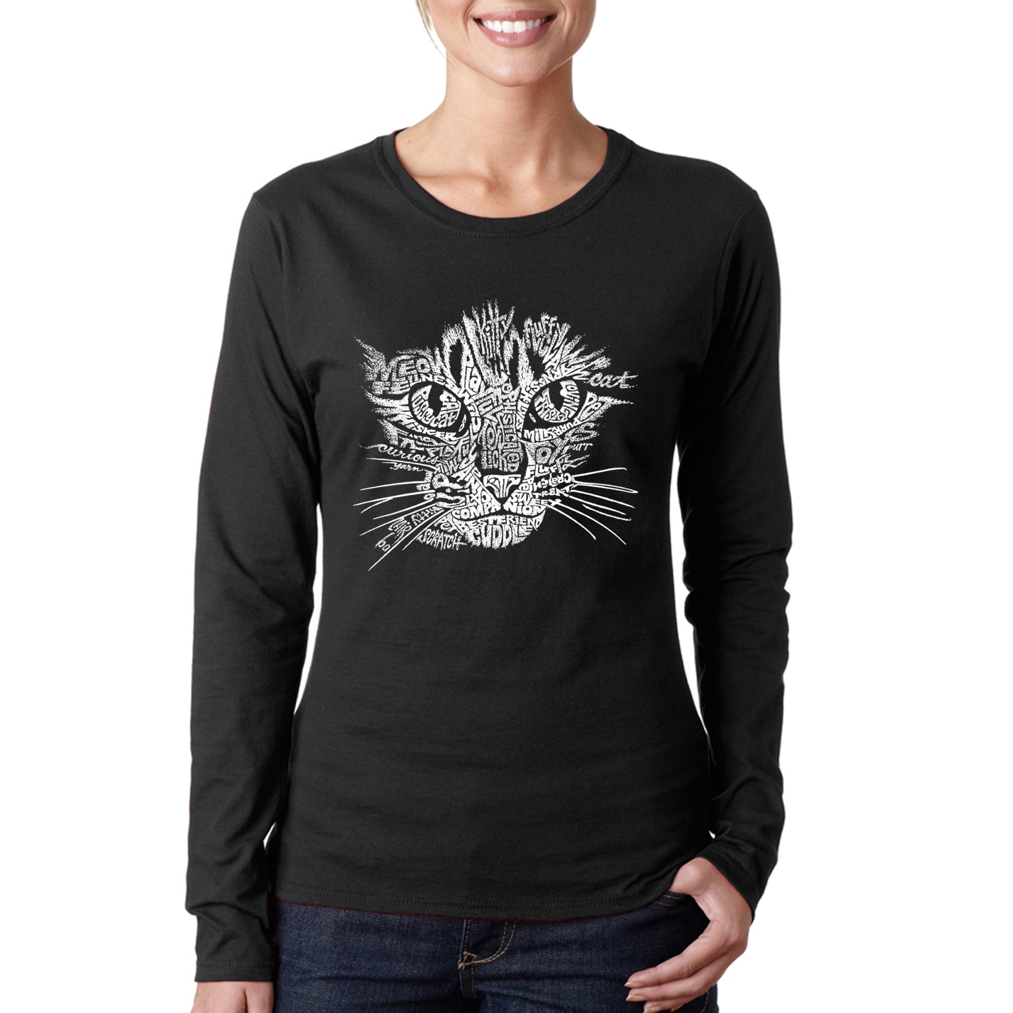 Cat Face - Women's Word Art Long Sleeve T-Shirt - Black - Small