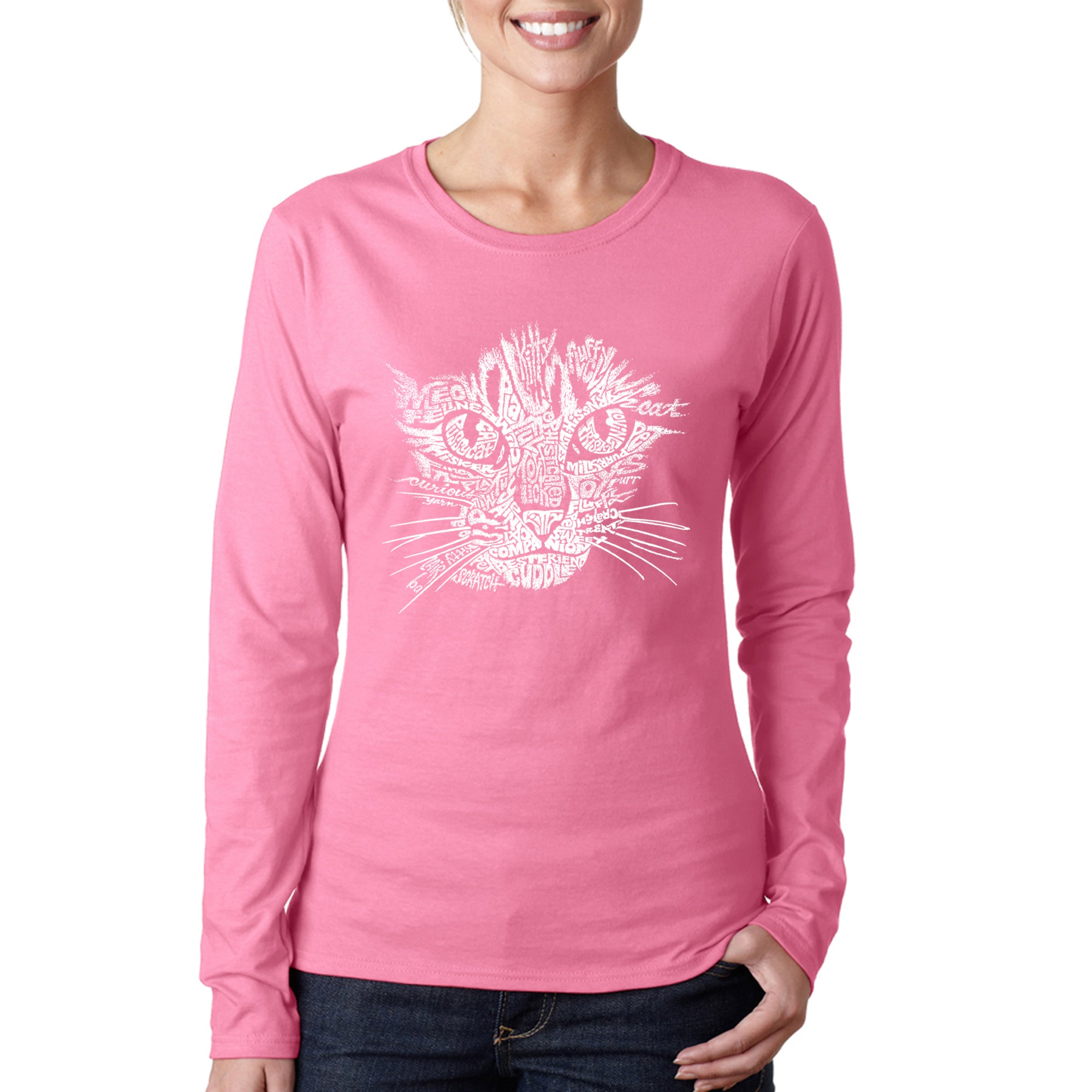 Cat Face - Women's Word Art Long Sleeve T-Shirt - Pink - XX-Large