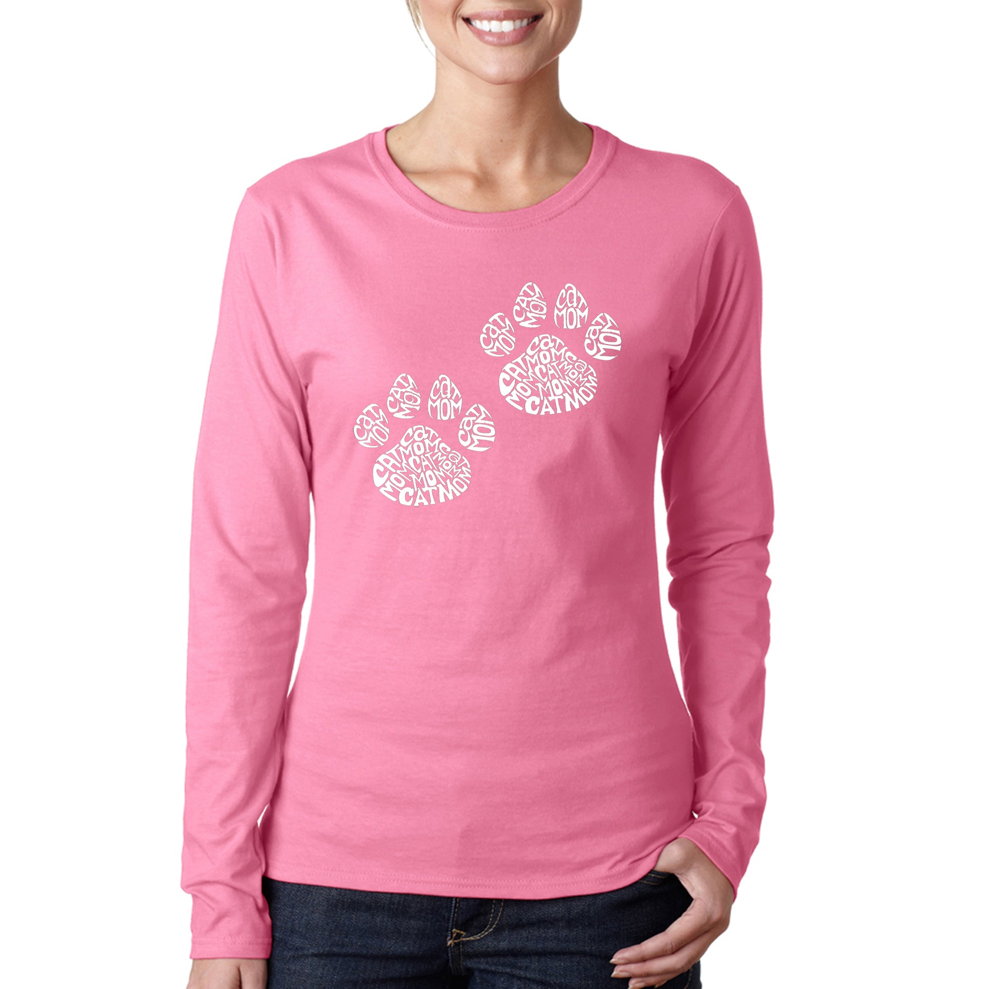 Cat Mom - Women's Word Art Long Sleeve T-Shirt - Pink - Medium