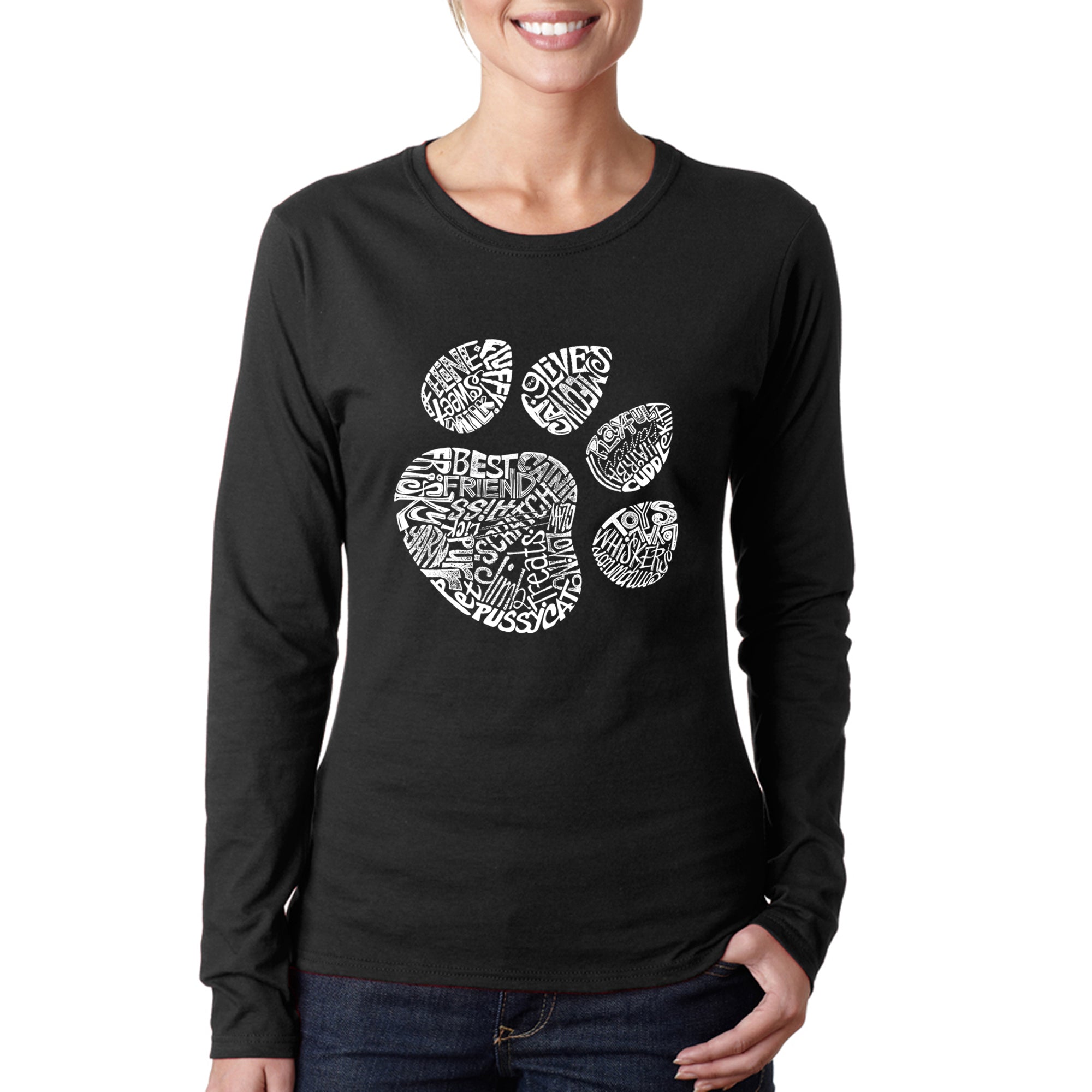 Cat Paw - Women's Word Art Long Sleeve T-Shirt - Black - X-Large