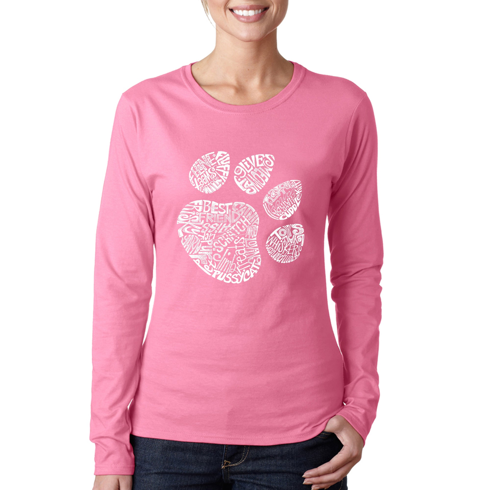 Cat Paw - Women's Word Art Long Sleeve T-Shirt - Pink - Medium