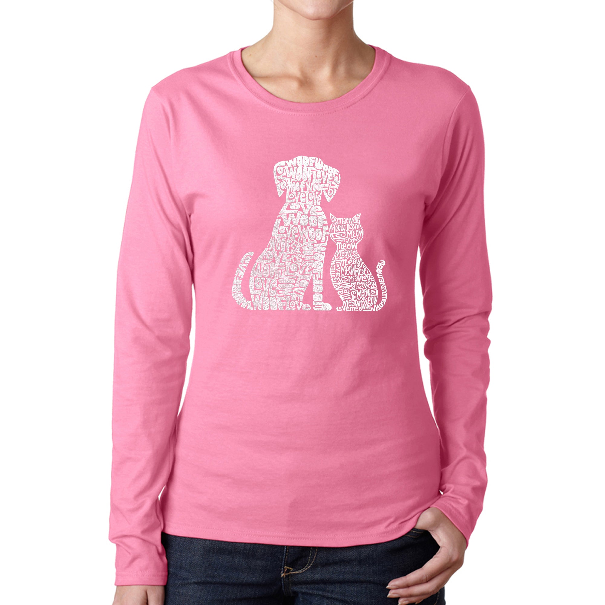 Dogs And Cats - Women's Word Art Long Sleeve T-Shirt - Pink - Medium