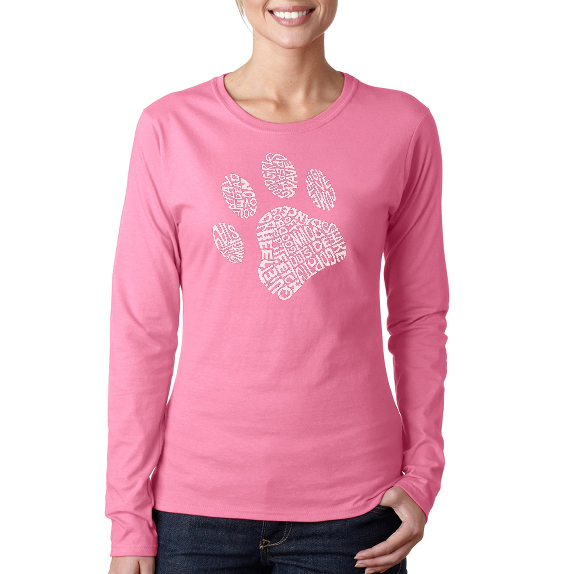 Dog Paw - Women's Word Art Long Sleeve T-Shirt - Pink - Medium