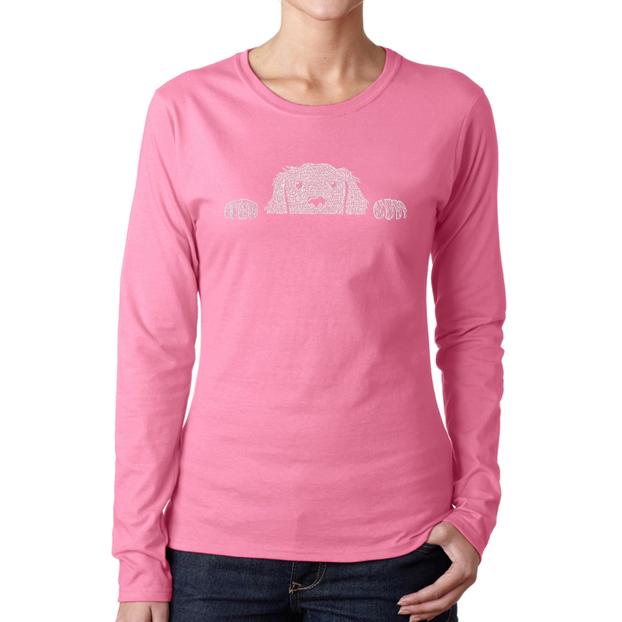 Peeking Dog - Women's Word Art Long Sleeve T-Shirt - Pink - Large
