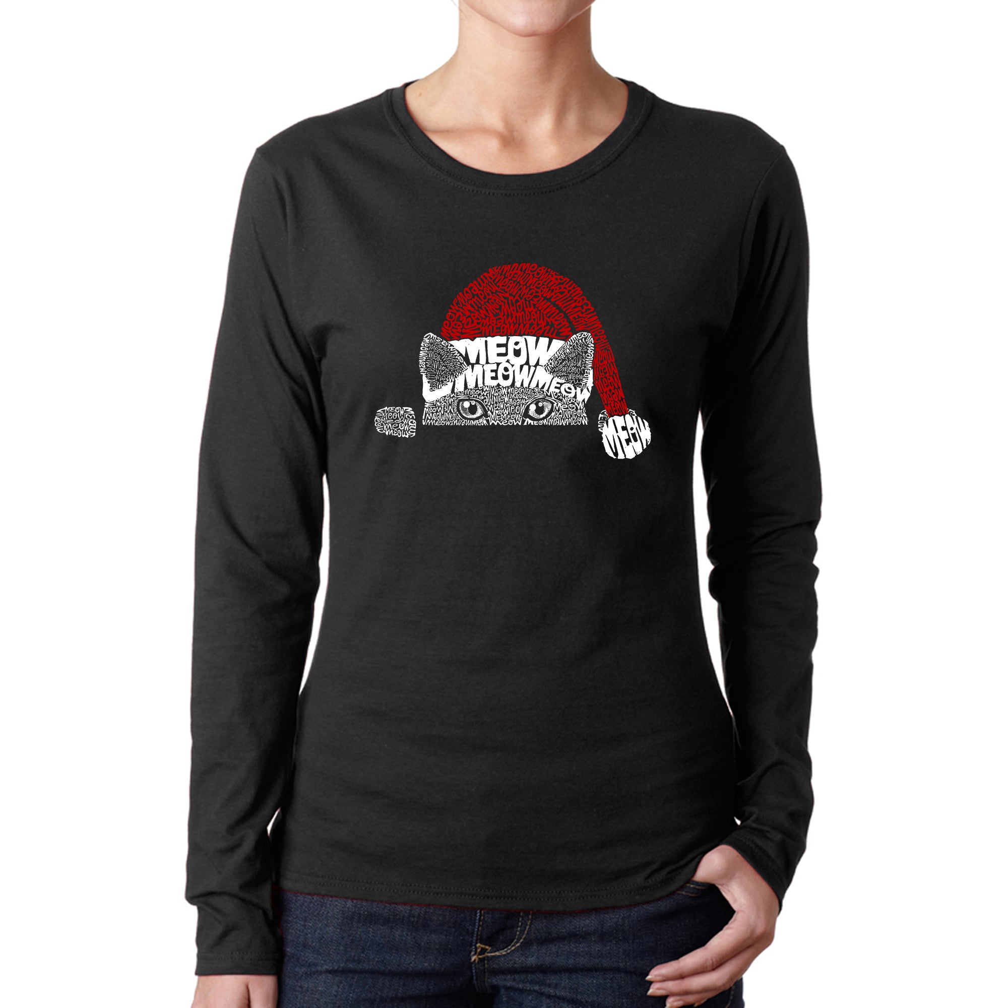 Christmas Peeking Cat - Women's Word Art Long Sleeve T-Shirt - Black - Small