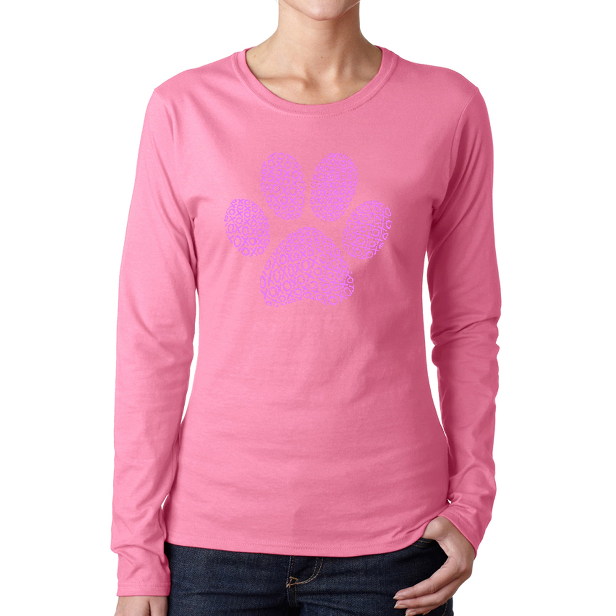 XOXO Dog Paw - Women's Word Art Long Sleeve T-Shirt - Pink - XX-Large