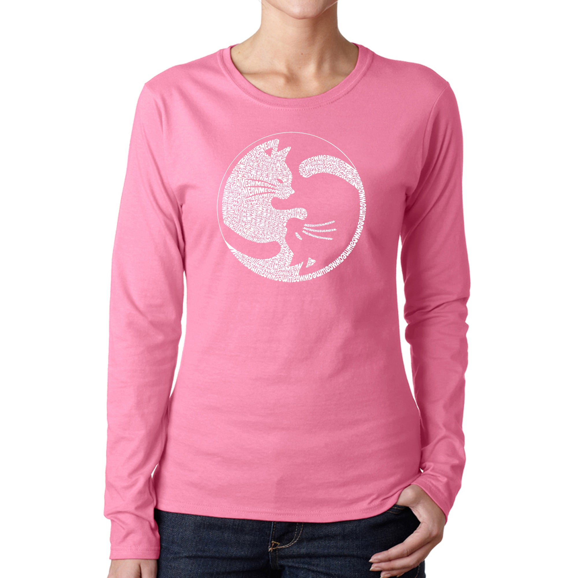 Yin Yang Cat - Women's Word Art Long Sleeve T-Shirt - Pink - Small