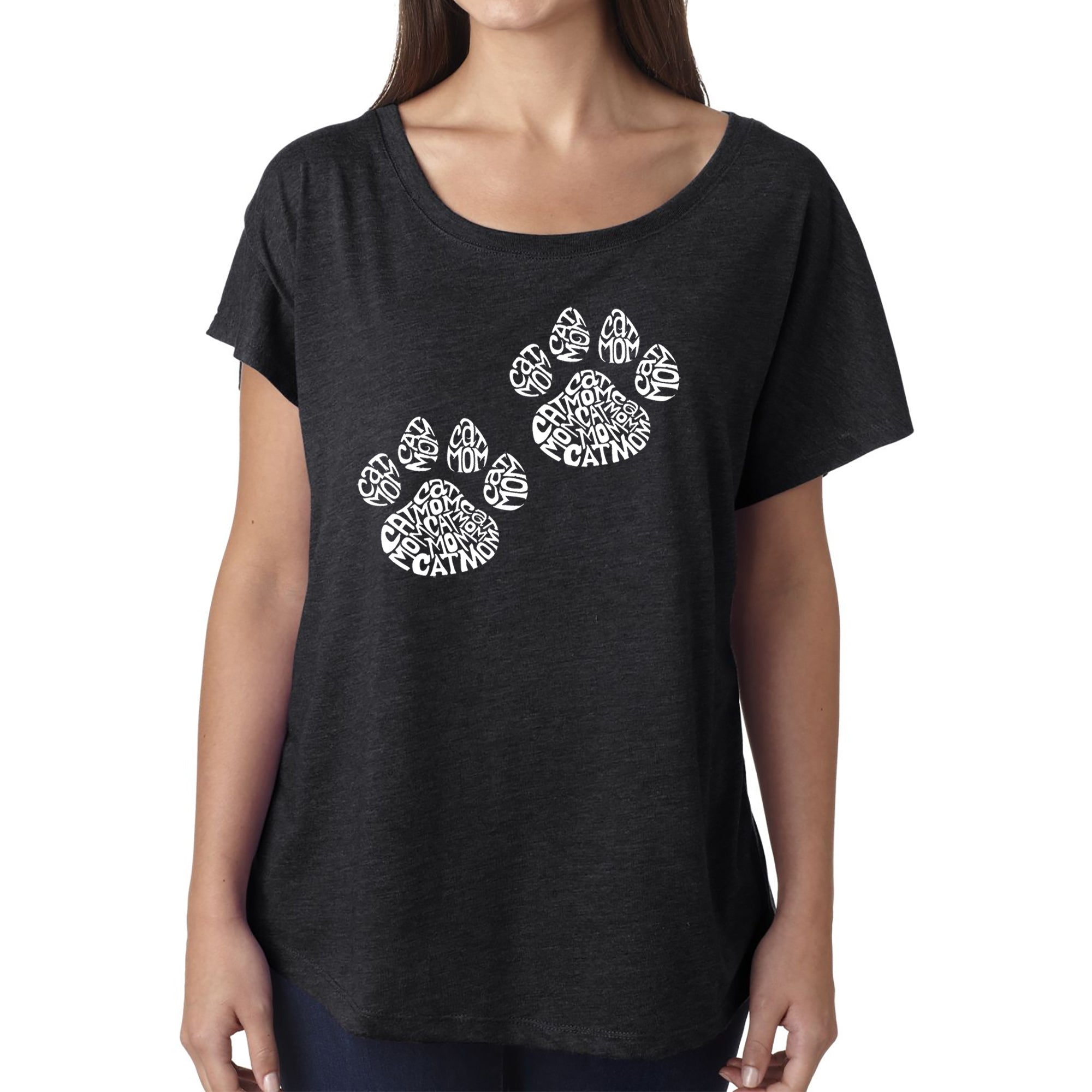 Cat Mom - Women's Loose Fit Dolman Cut Word Art Shirt - Black - Small