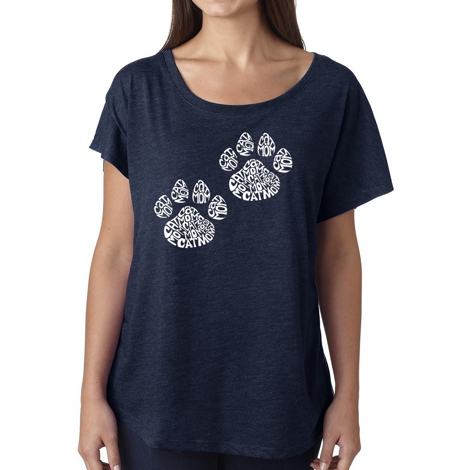 Cat Mom - Women's Loose Fit Dolman Cut Word Art Shirt - Navy - XX-Large