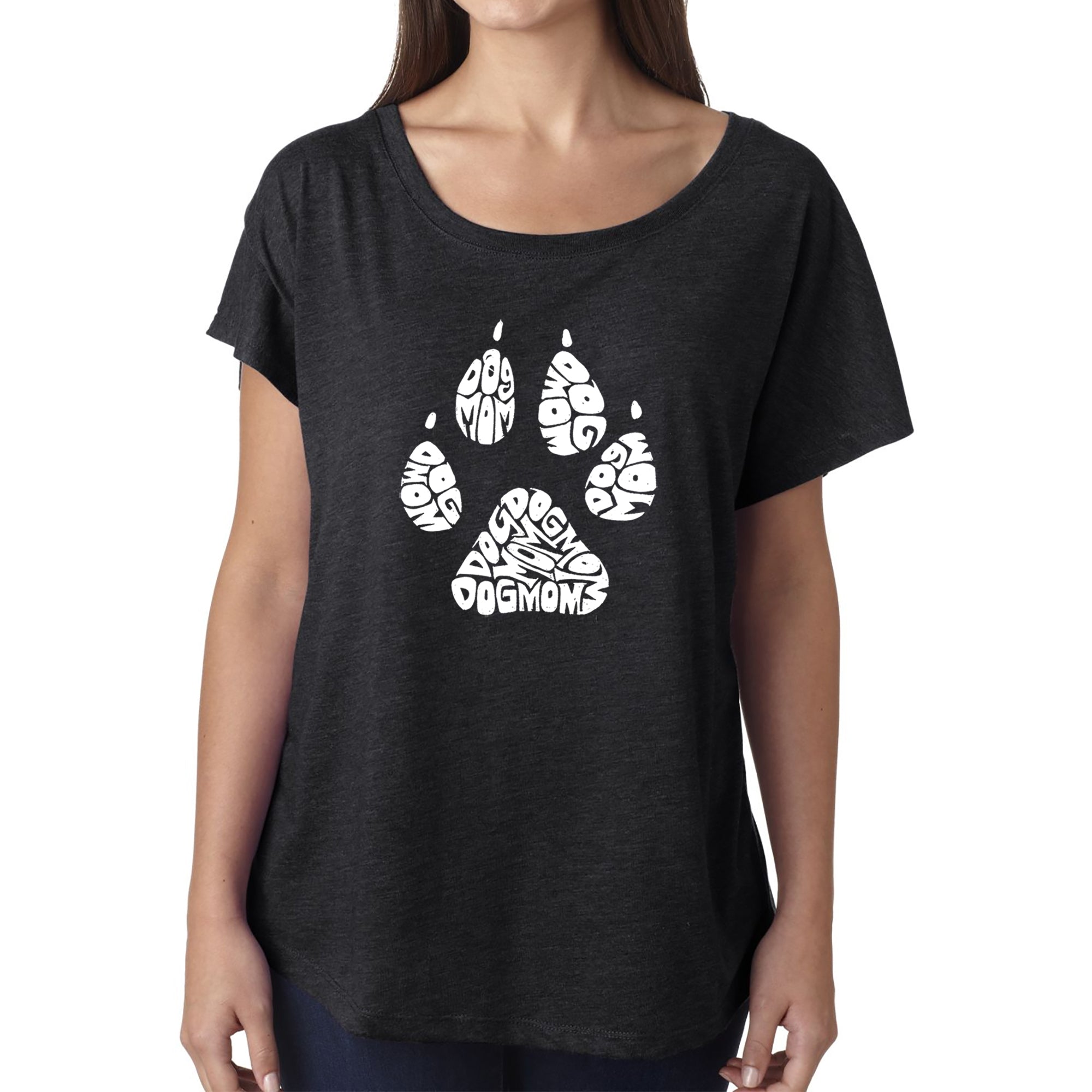 Dog Mom - Women's Loose Fit Dolman Cut Word Art Shirt - Black - X-Large