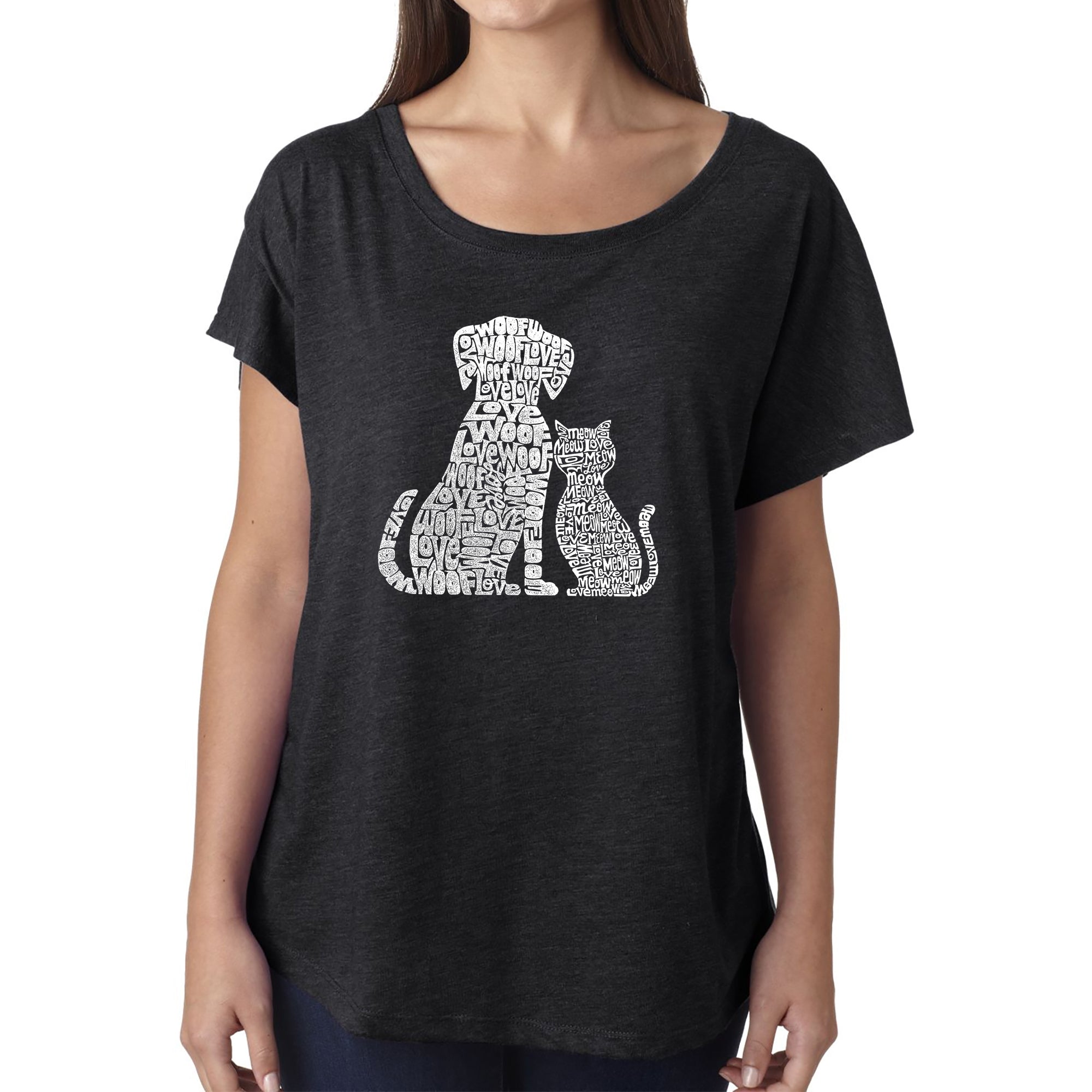 Dogs And Cats - Women's Loose Fit Dolman Cut Word Art Shirt - Navy - Large