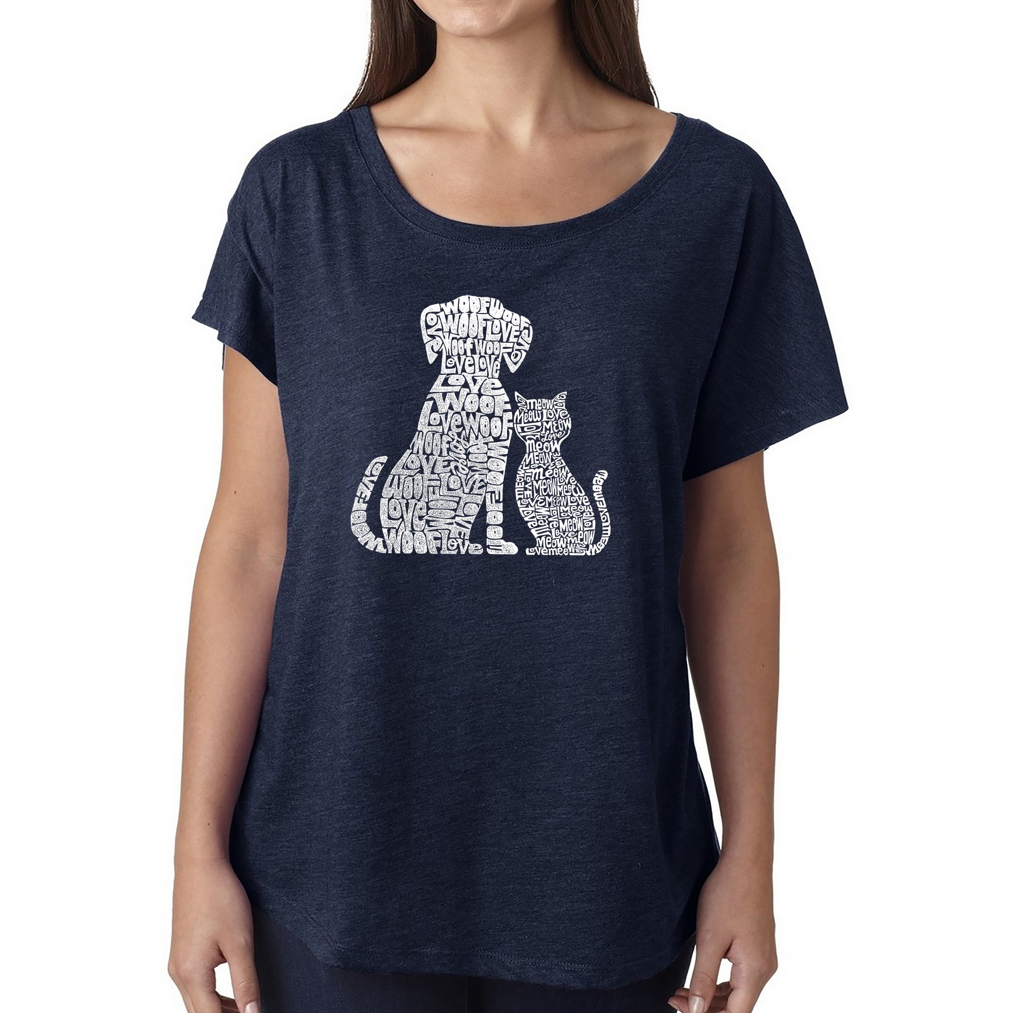 Dogs And Cats - Women's Loose Fit Dolman Cut Word Art Shirt - Navy - Small