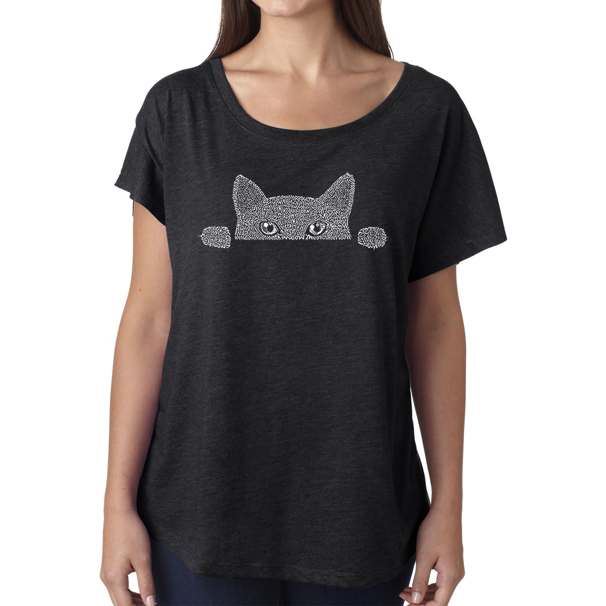 Peeking Cat - Women's Loose Fit Dolman Cut Word Art Shirt - Black - X-Large