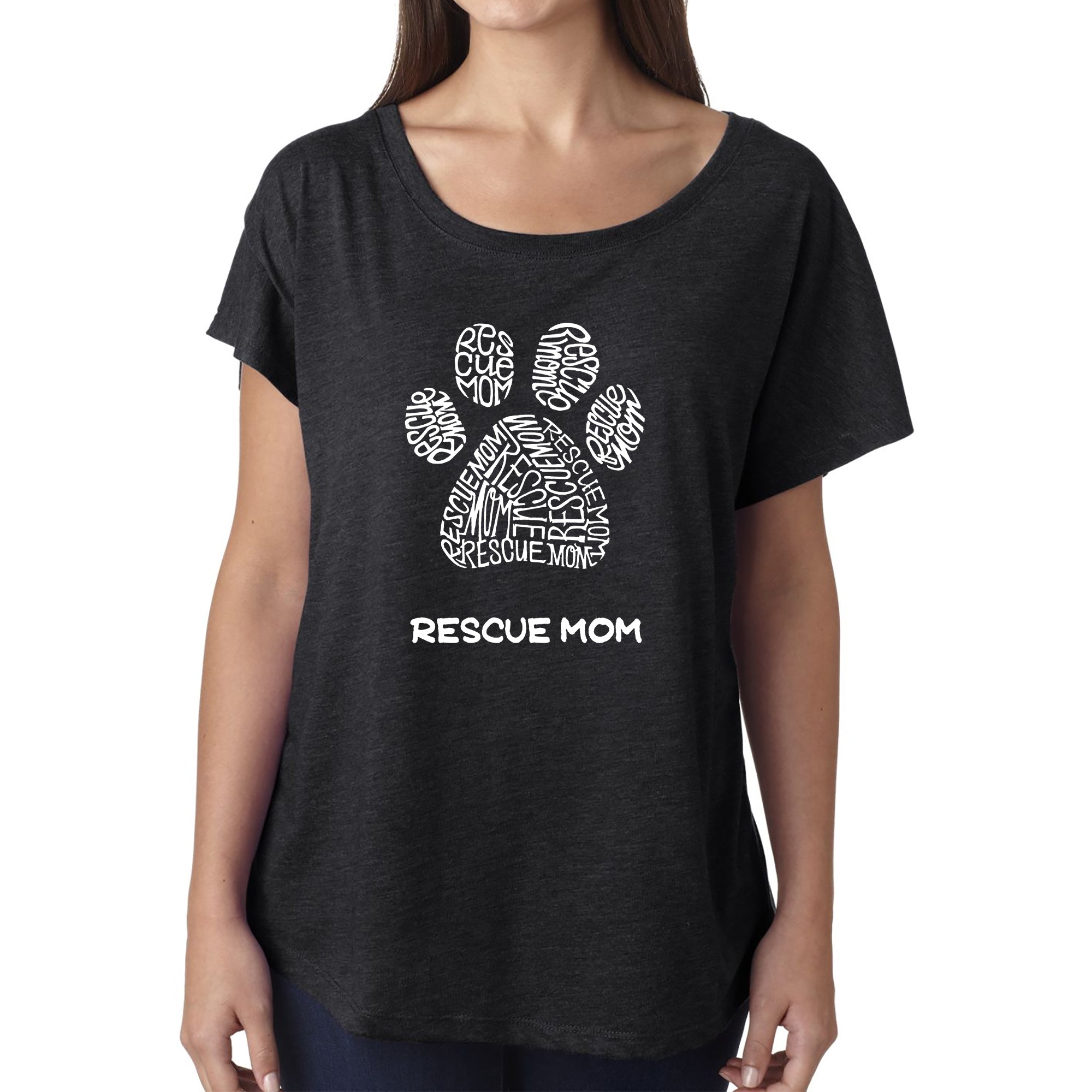 Rescue Mom - Women's Loose Fit Dolman Cut Word Art Shirt - Black - Medium