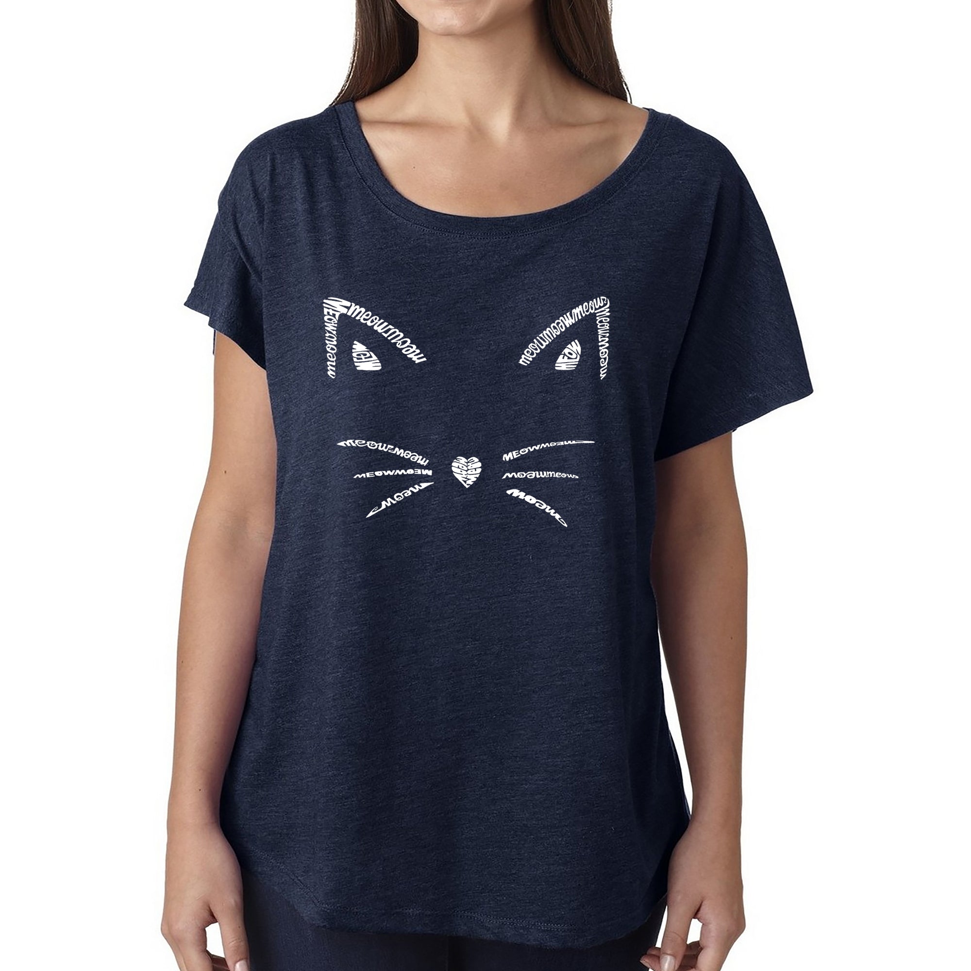 Whiskers - Women's Loose Fit Dolman Cut Word Art Shirt - Navy - Medium