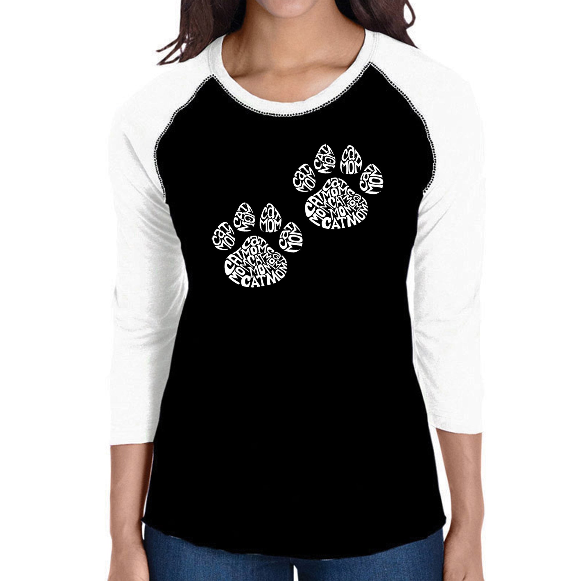 Cat Mom - Women's Raglan Baseball Word Art T-Shirt - Black/White - Large