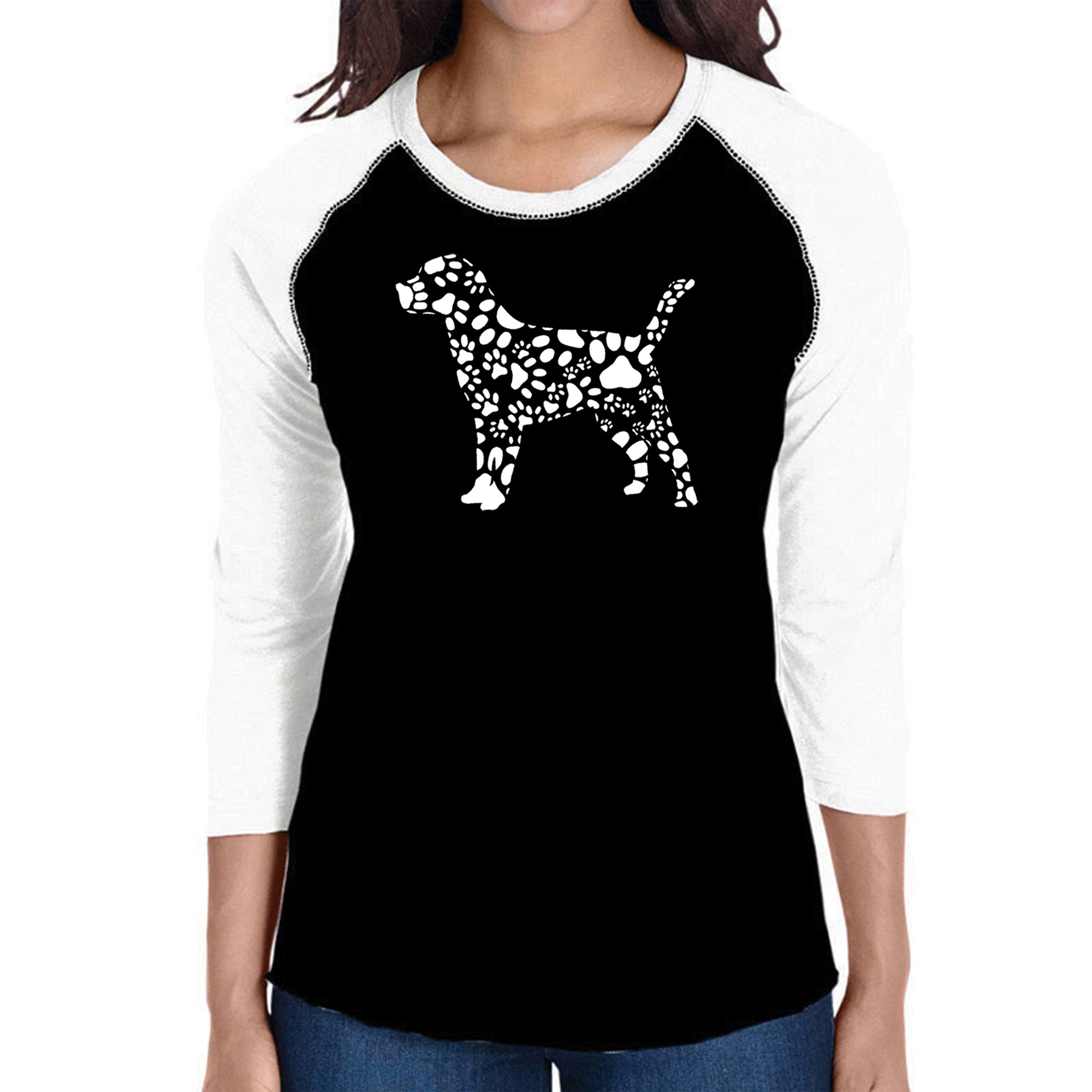 Dog Paw Prints - Women's Raglan Word Art T-Shirt - Black/White - Small