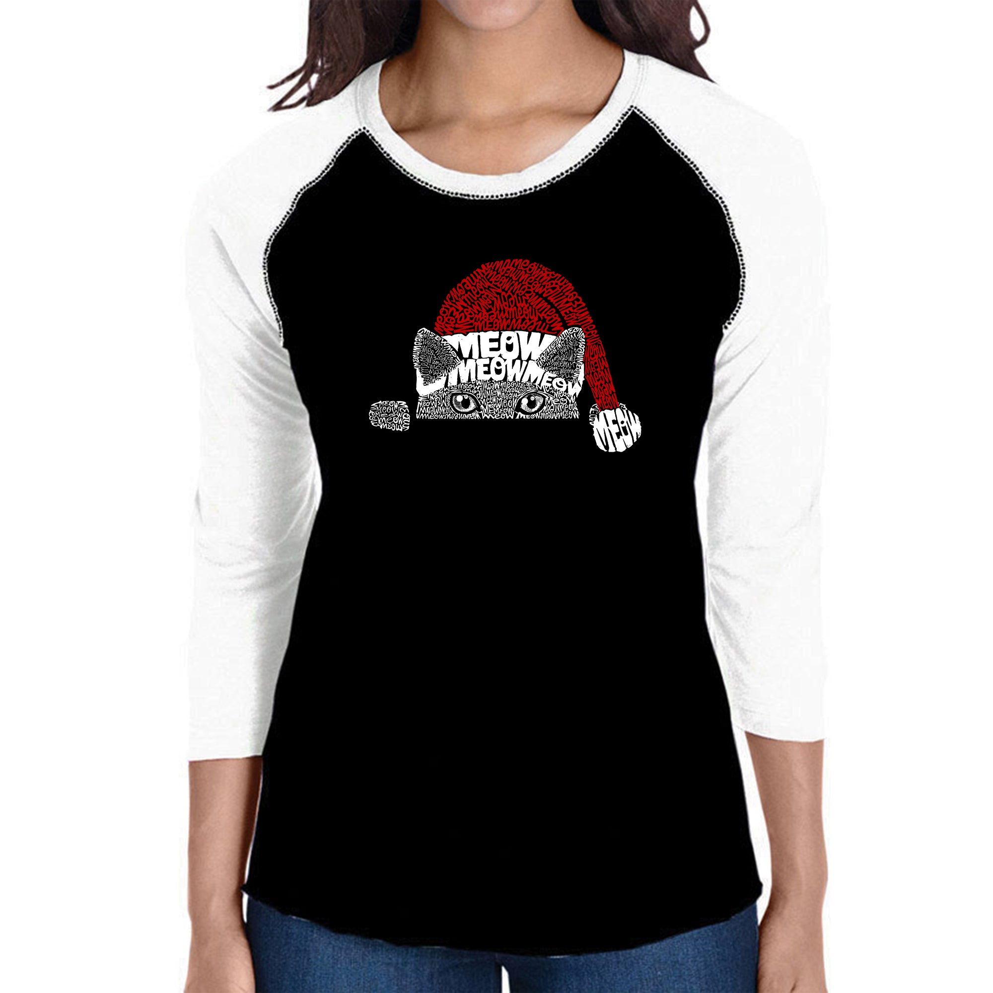 Christmas Peeking Cat - Women's Raglan Word Art T-Shirt - Black/White - Medium
