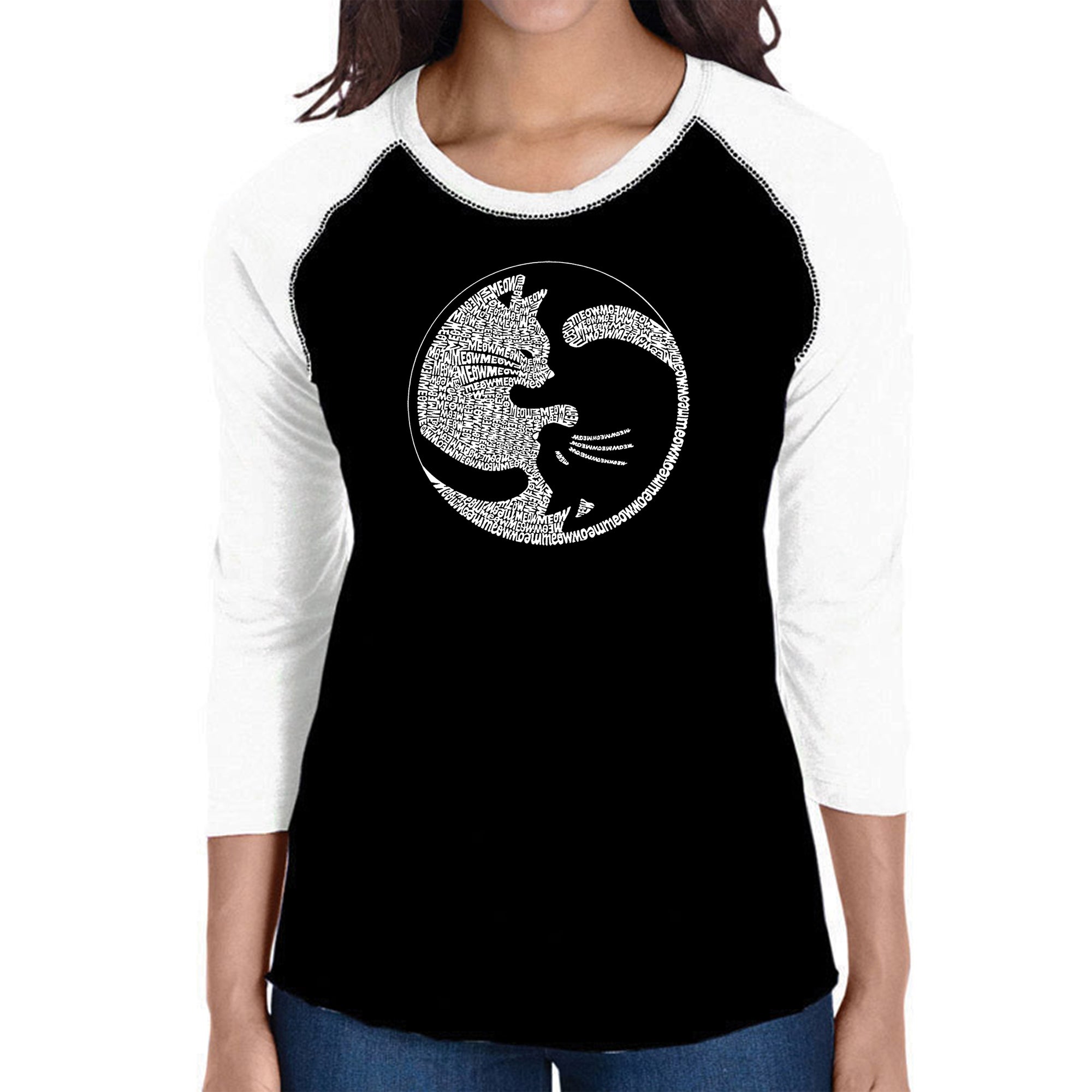 Yin Yang Cat - Women's Raglan Word Art T-Shirt - Black/White - Small