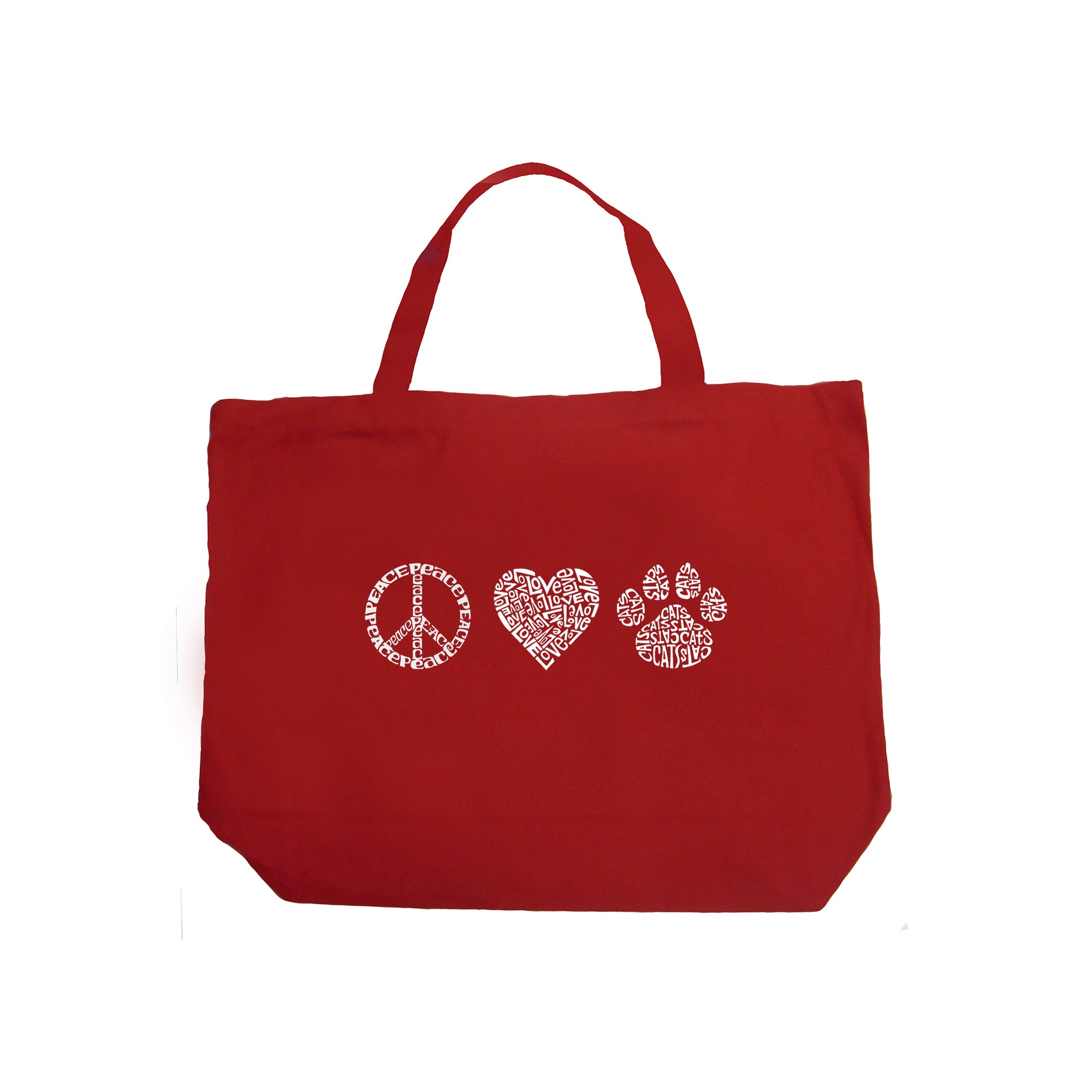 Peace Love Cats - Large Word Art Tote Bag - Red - LARGE