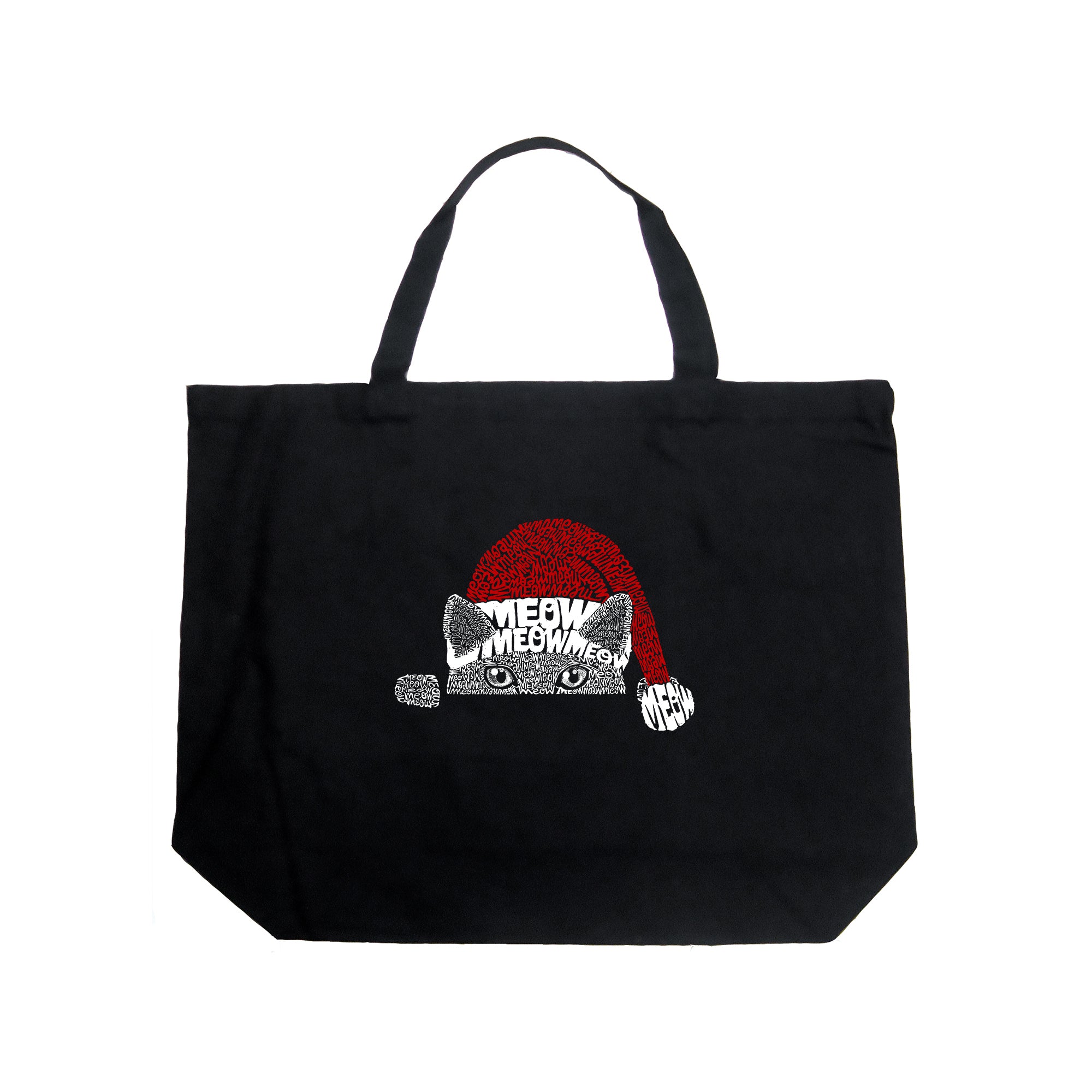 Christmas Peeking Cat - Large Word Art Tote Bag - LARGE - Black
