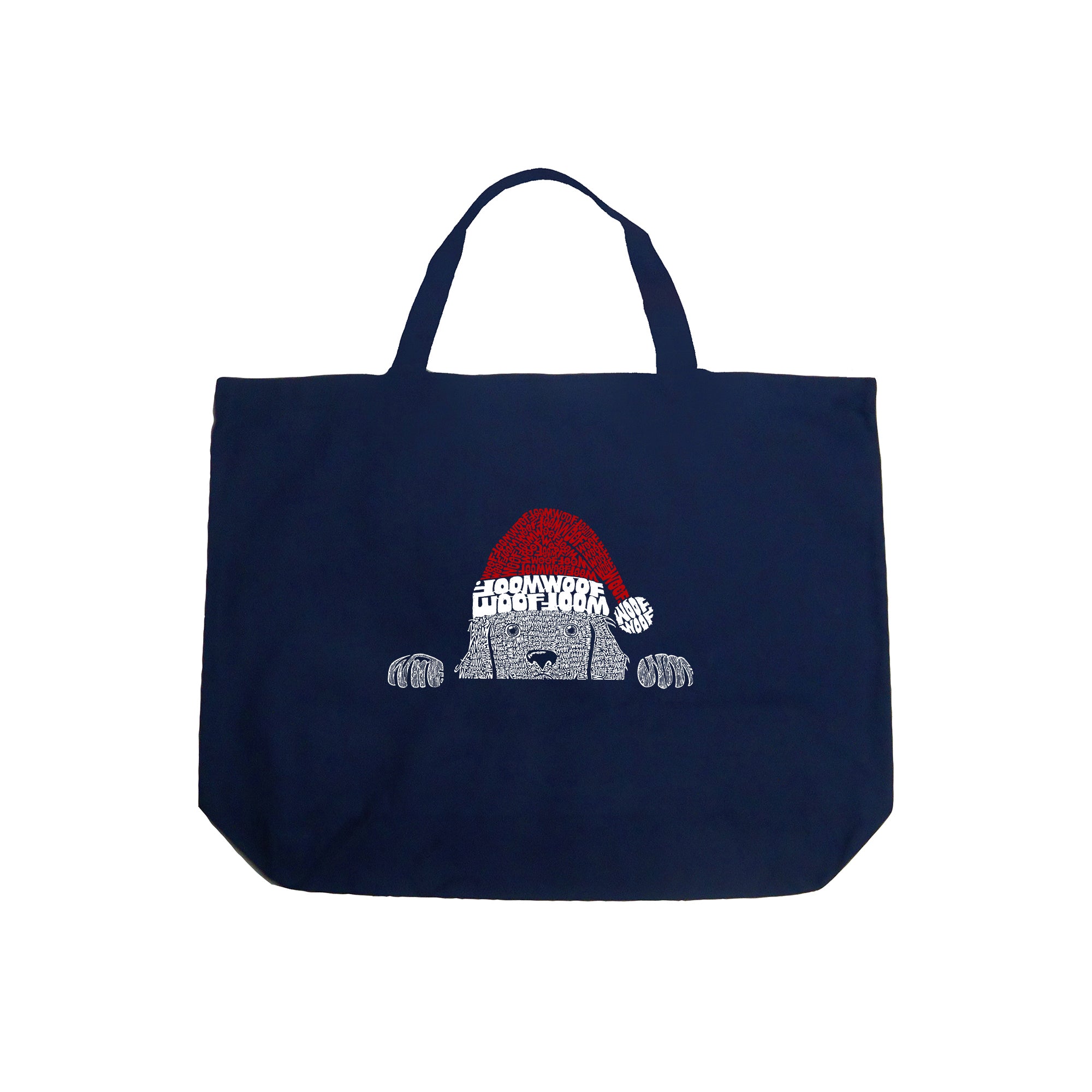 Christmas Peeking Dog - Large Word Art Tote Bag - LARGE - Navy