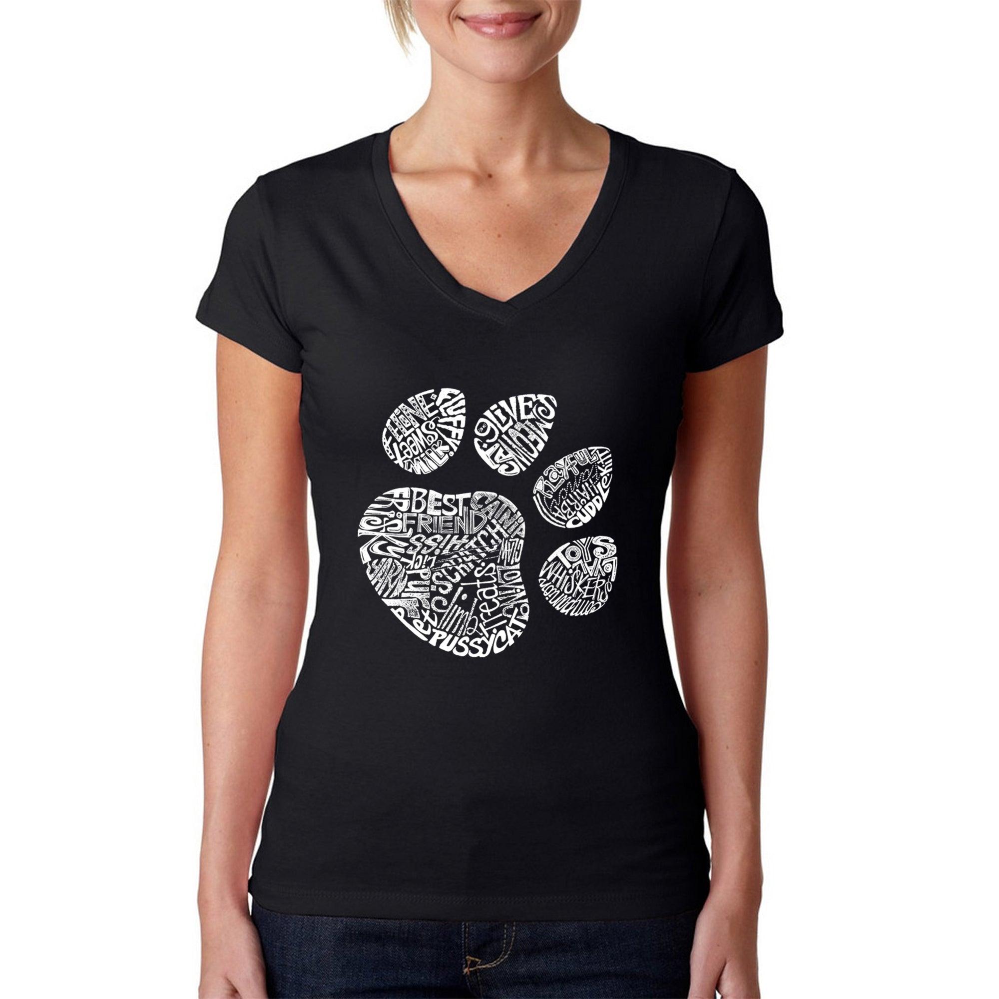 Cat Paw - Women's Word Art V-Neck T-Shirt - Black - Small