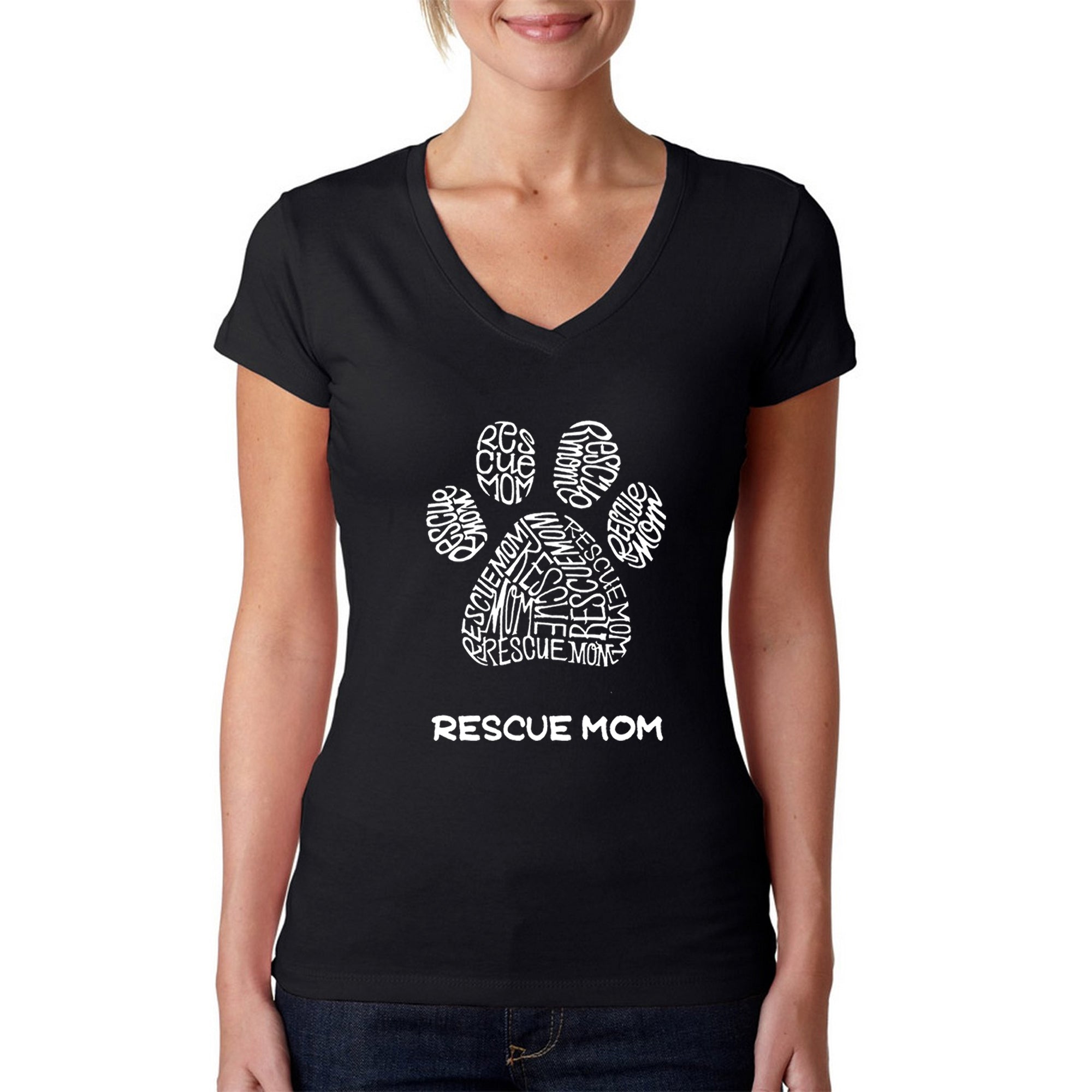 Rescue Mom - Women's Word Art V-Neck T-Shirt - Black - Large