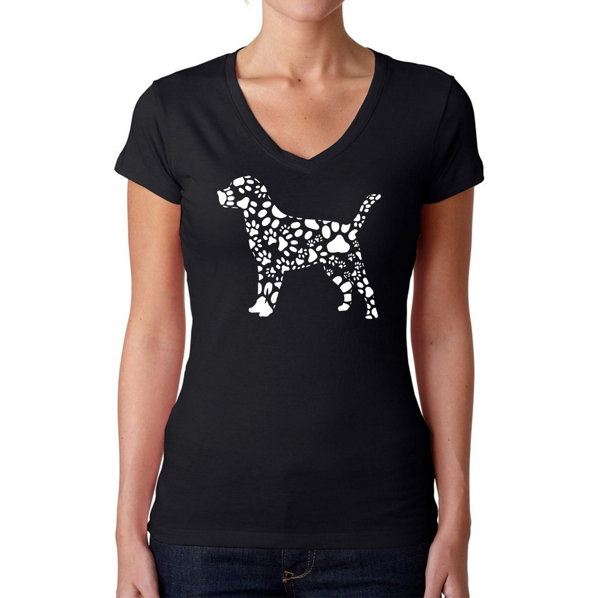 Dog Paw Prints - Women's Word Art V-Neck T-Shirt - Black - Medium