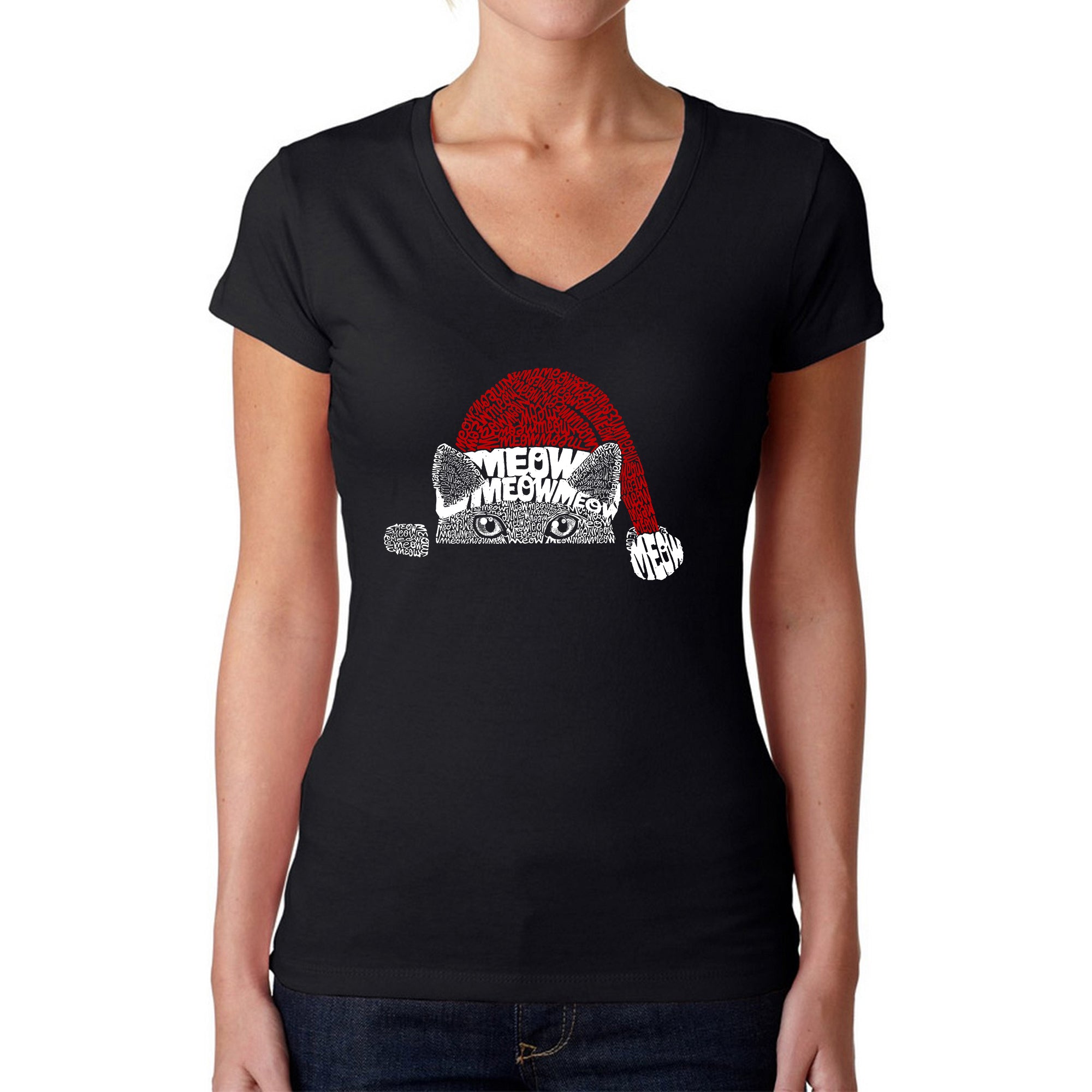 Christmas Peeking Cat - Women's Word Art V-Neck T-Shirt - Black - Medium