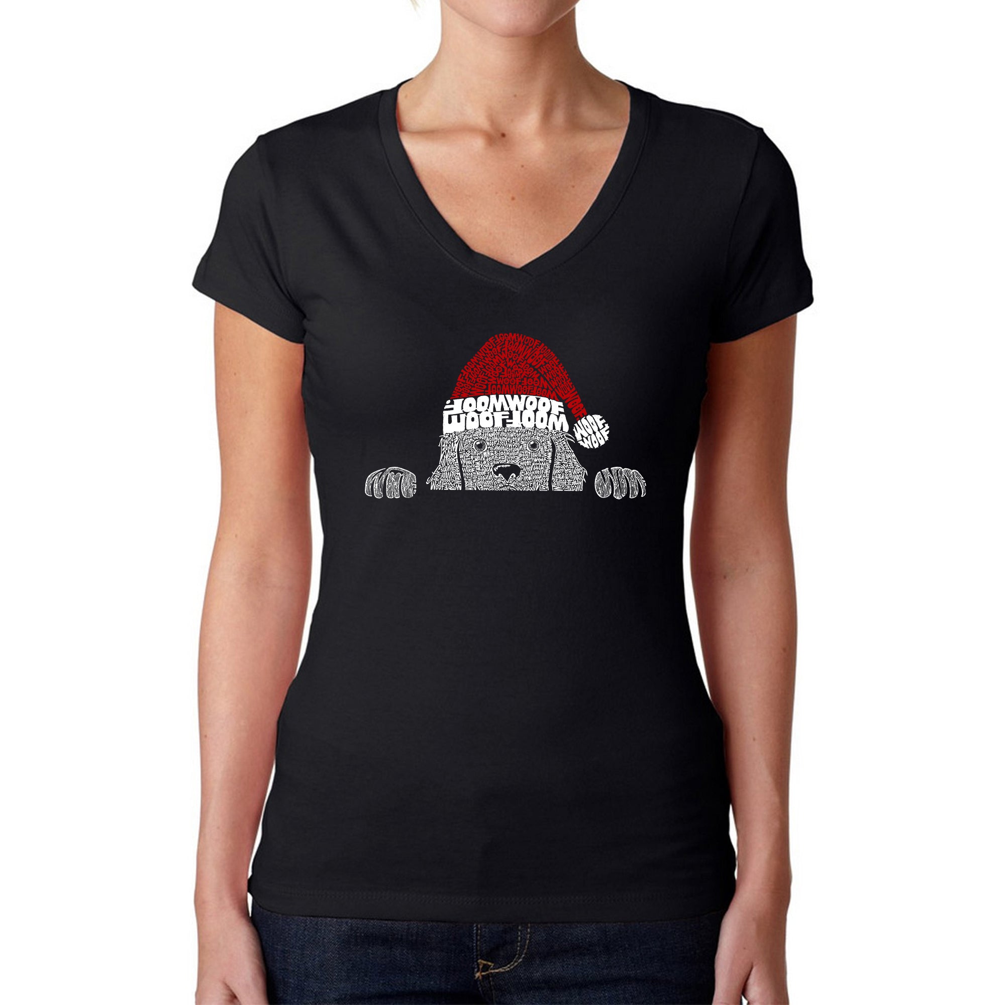 Christmas Peeking Dog - Women's Word Art V-Neck T-Shirt - Black - Large