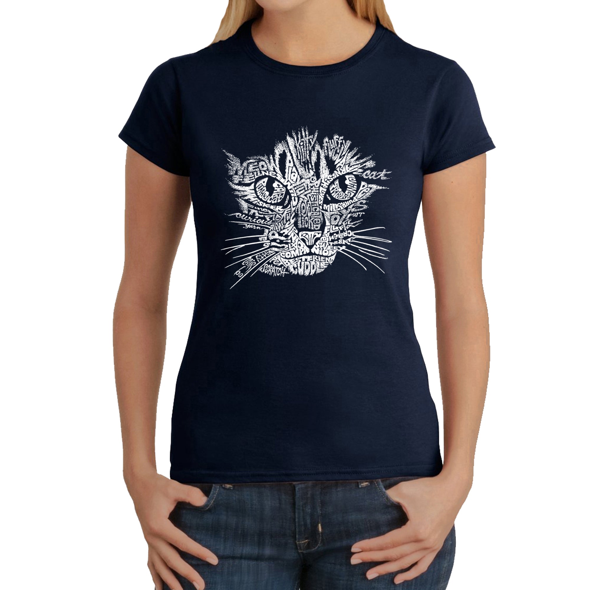 Cat Face - Women's Word Art T-Shirt - Navy - XS