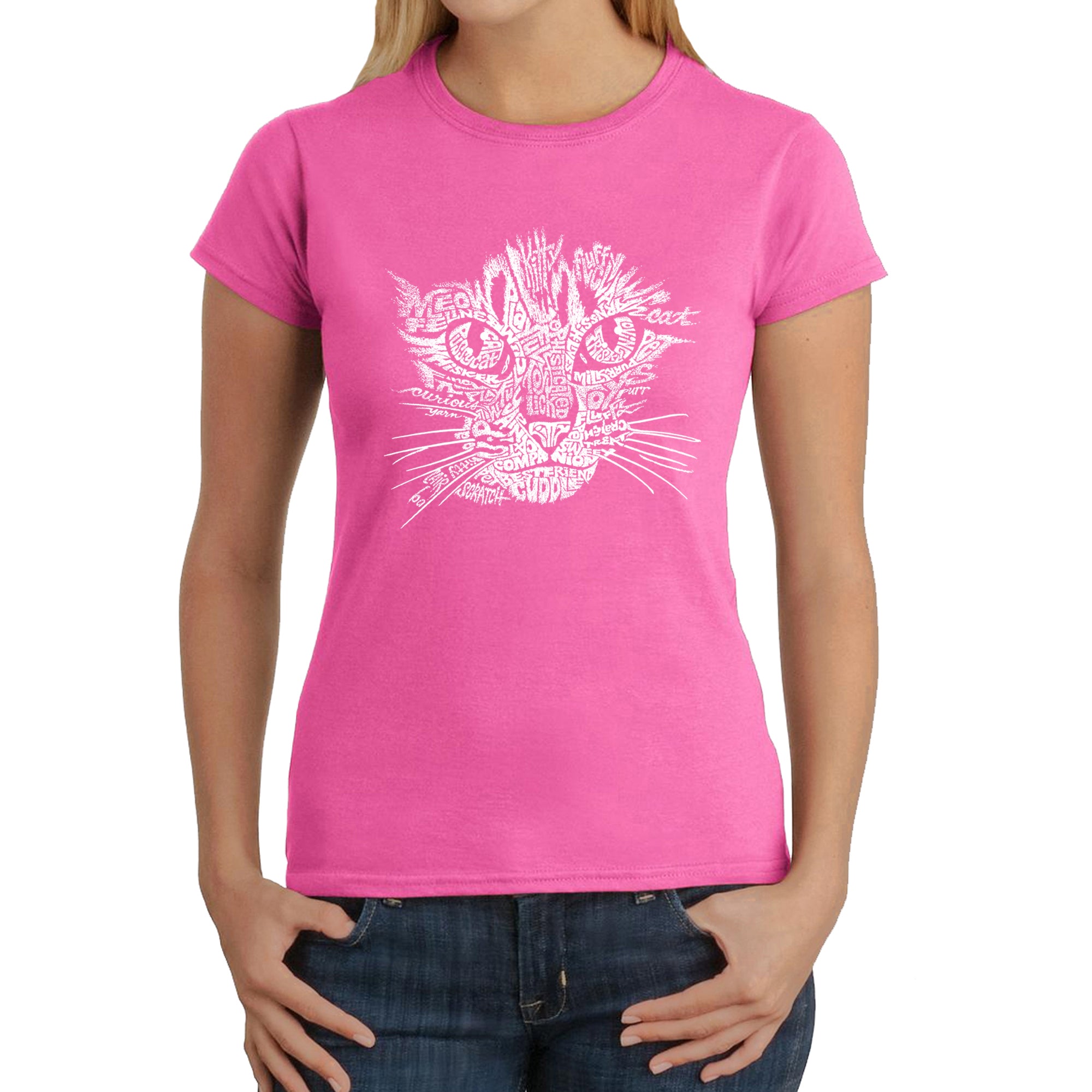 Cat Face - Women's Word Art T-Shirt - Pink - Small