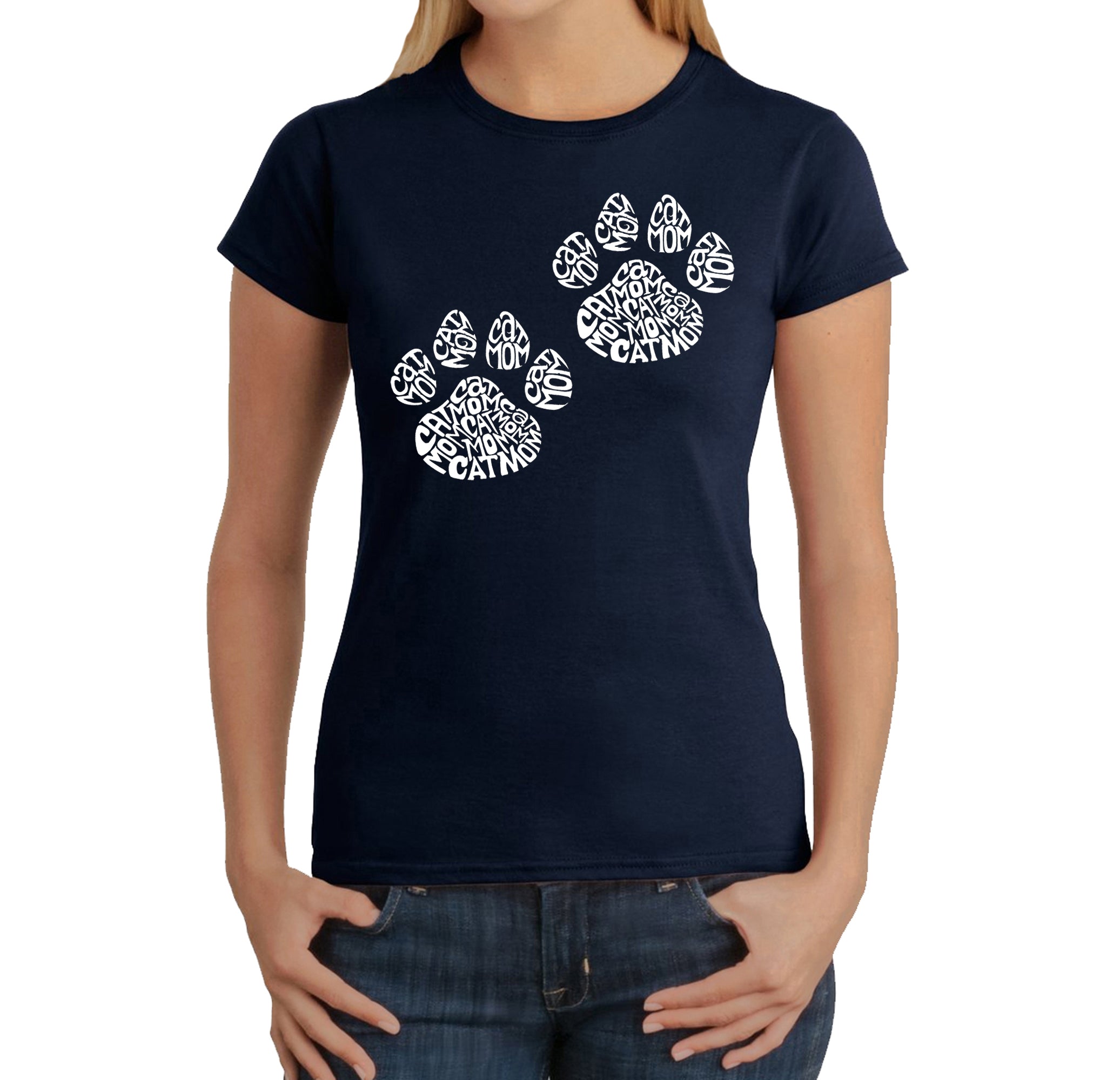 Cat Mom - Women's Word Art T-Shirt - Navy - Small