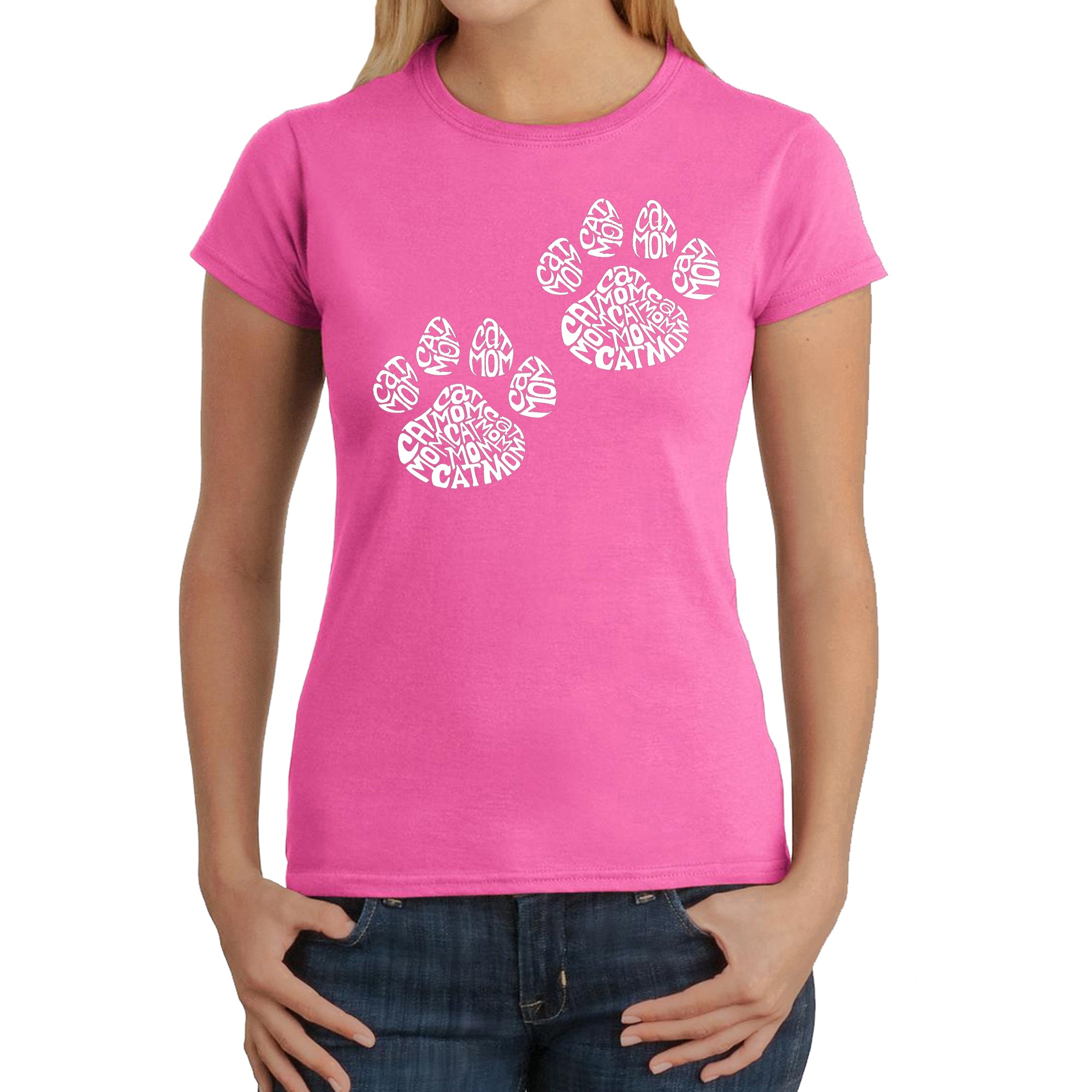 Cat Mom - Women's Word Art T-Shirt - Pink - Small