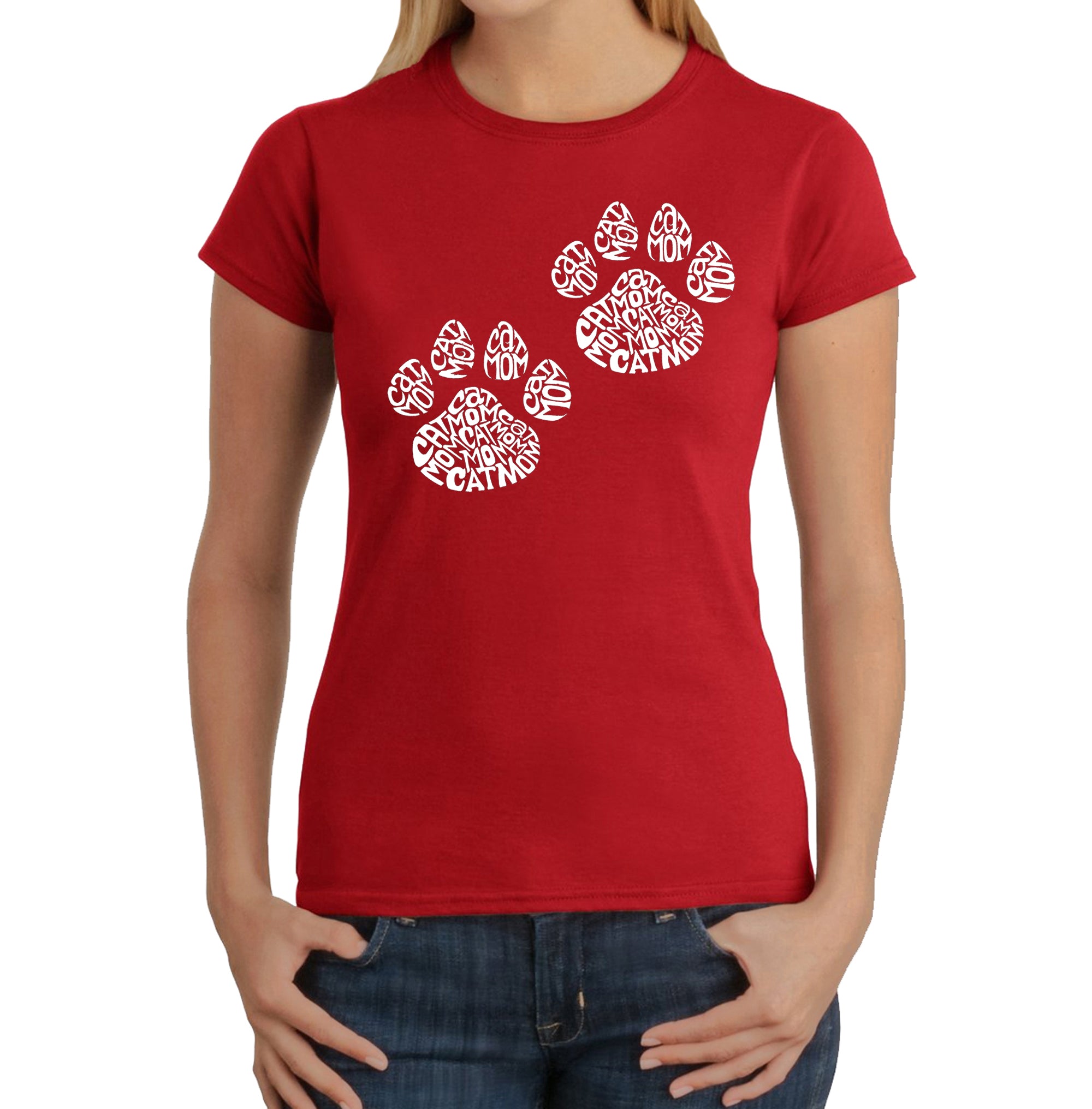 Cat Mom - Women's Word Art T-Shirt - Red - Small