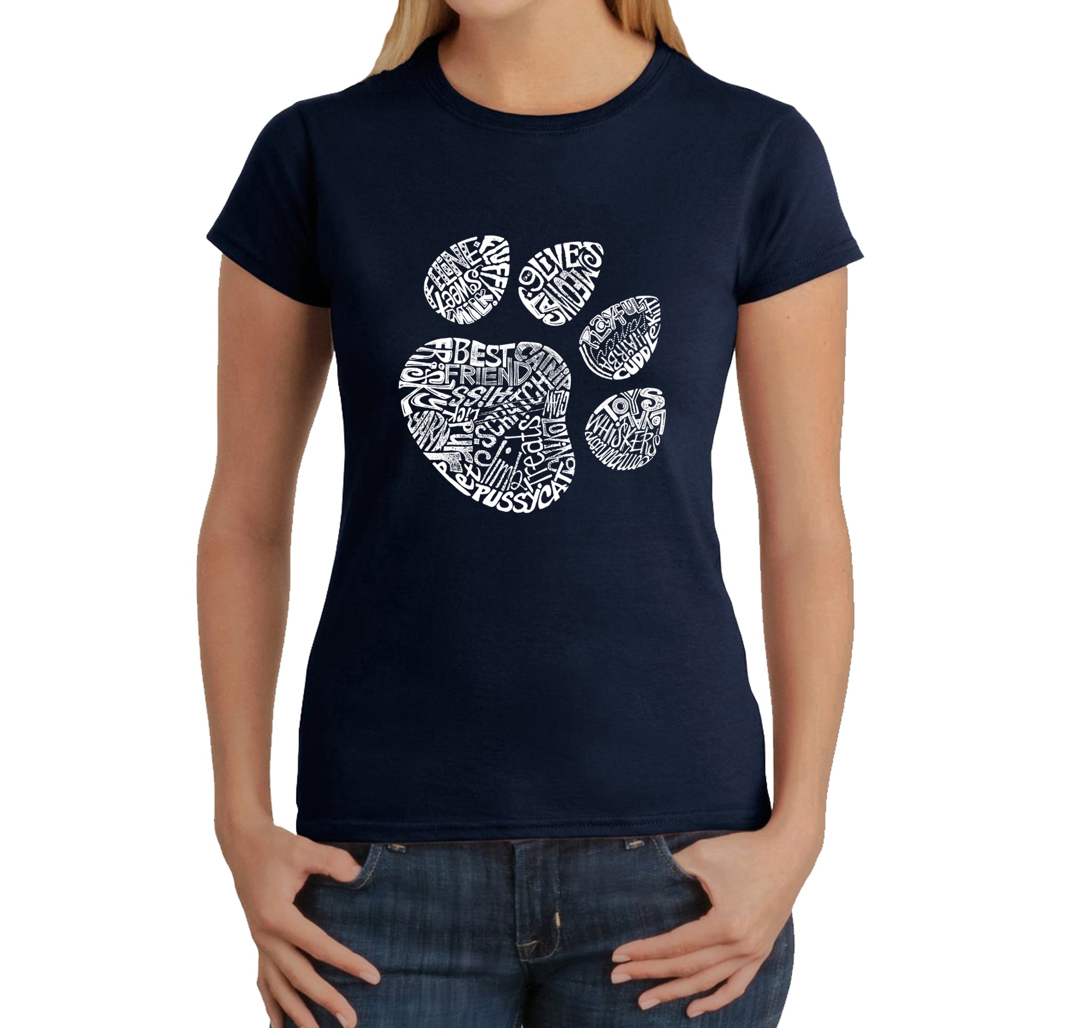 Cat Paw - Women's Word Art T-Shirt - Navy - Small