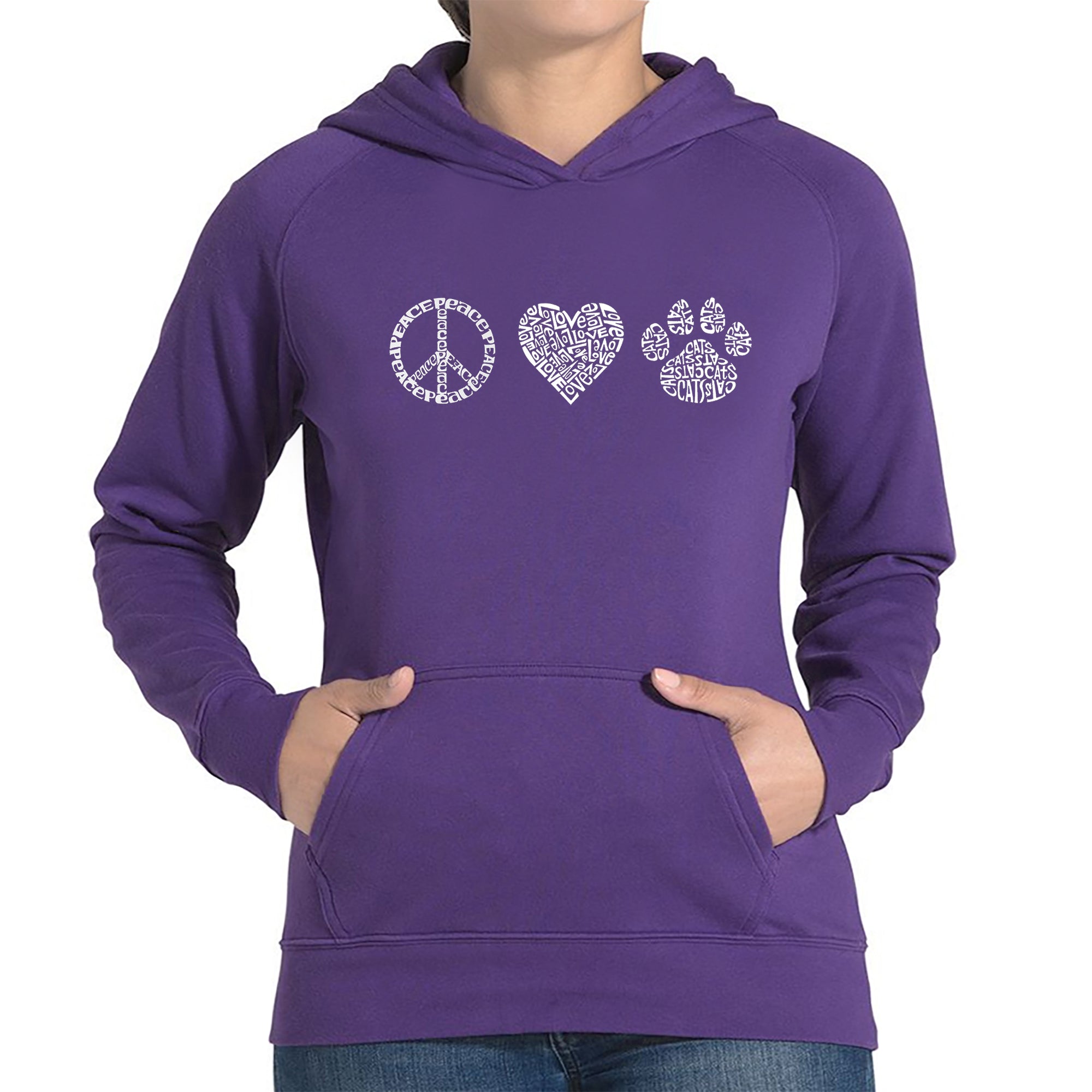 Peace Love Cats - Women's Word Art Hooded Sweatshirt - Purple - XX-Large