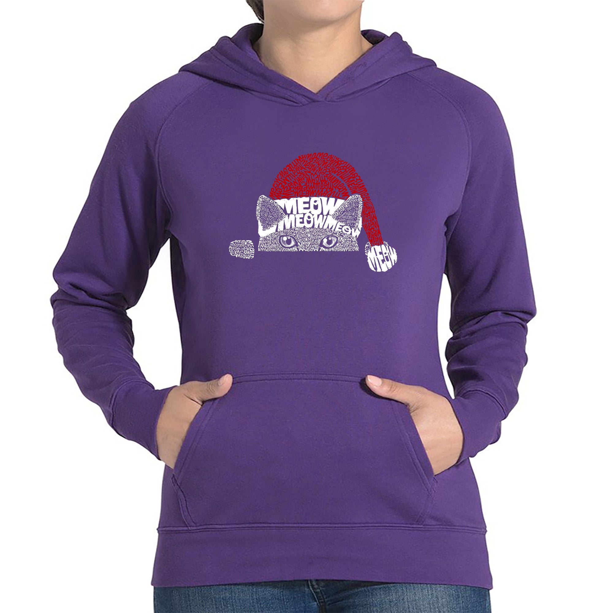 Christmas Peeking Cat - Women's Word Art Hooded Sweatshirt - Purple - Medium
