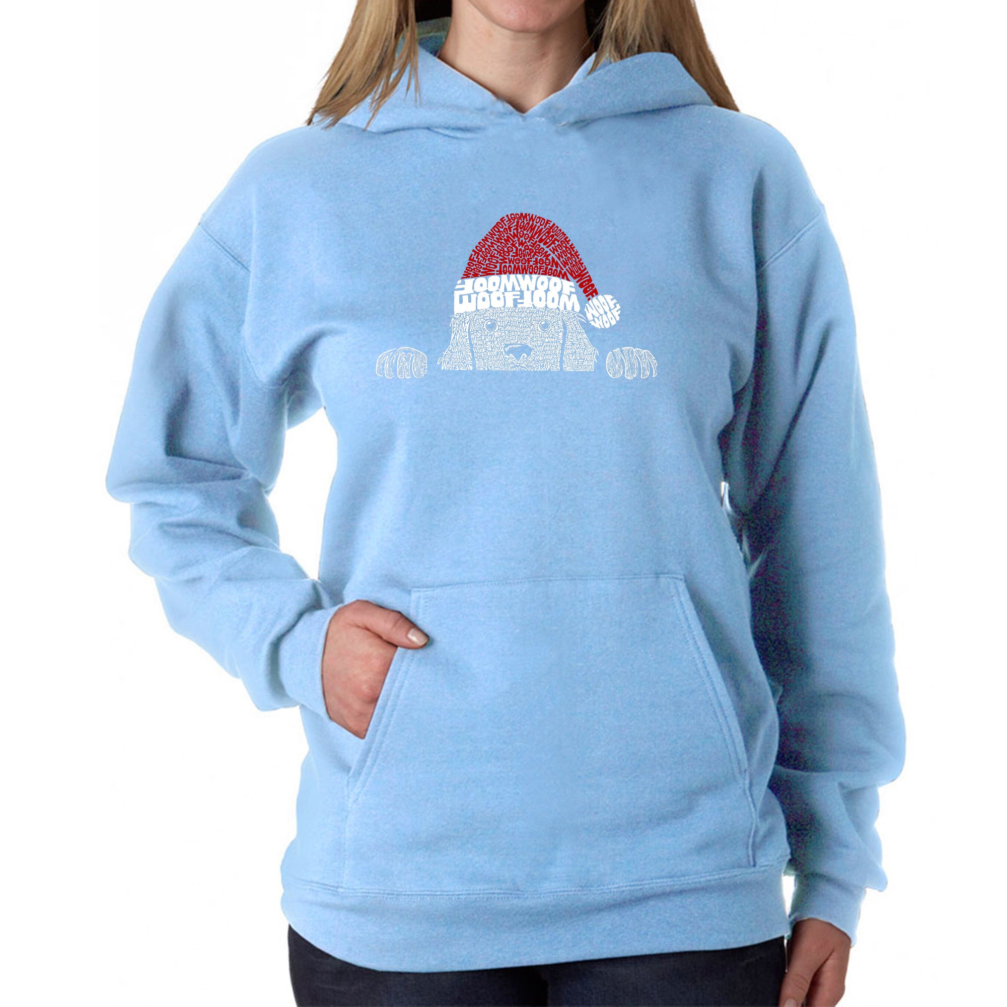 Christmas Peeking Dog - Women's Word Art Hooded Sweatshirt - Blue - X-Large